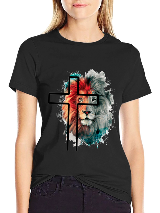 Lion and Cross Graphic Black T-Shirt