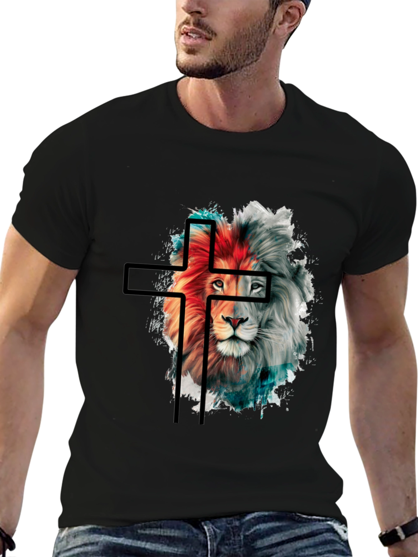 Lion and Cross Graphic Black T-Shirt