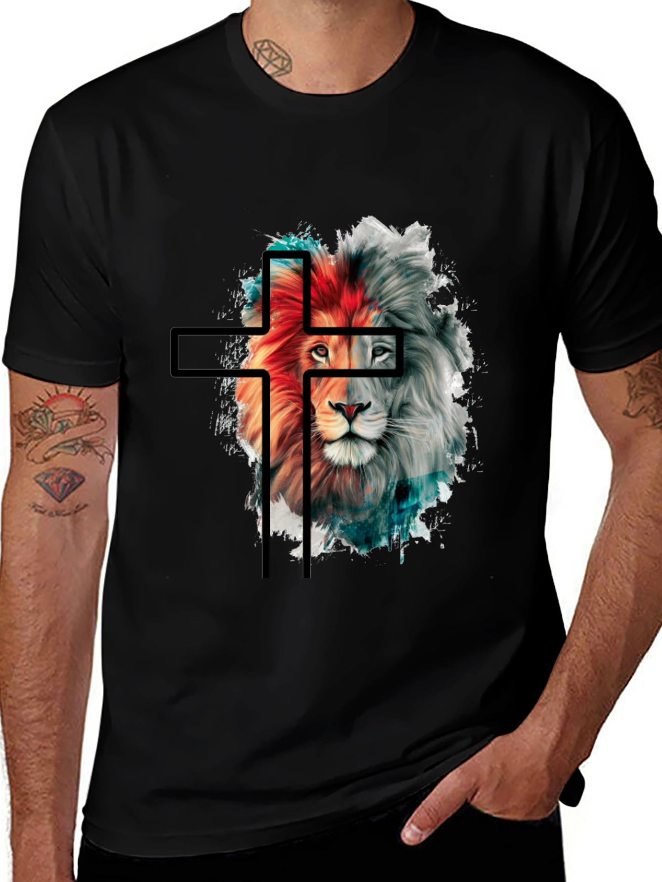 Lion and Cross Graphic Black T-Shirt
