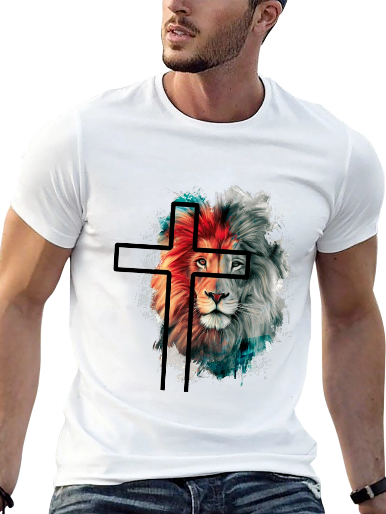 Lion and Cross Graphic Black T-Shirt