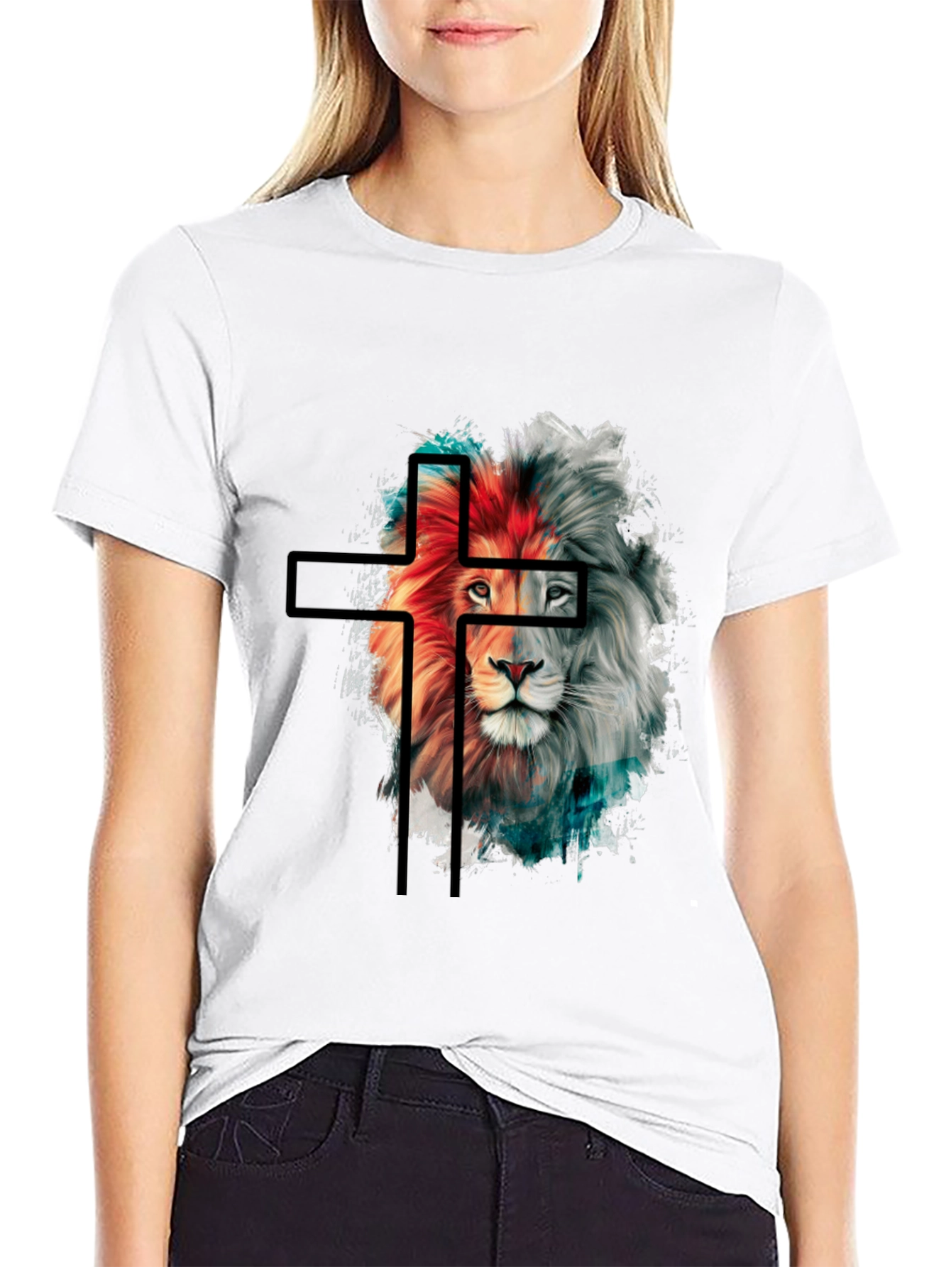 Lion and Cross Graphic Black T-Shirt