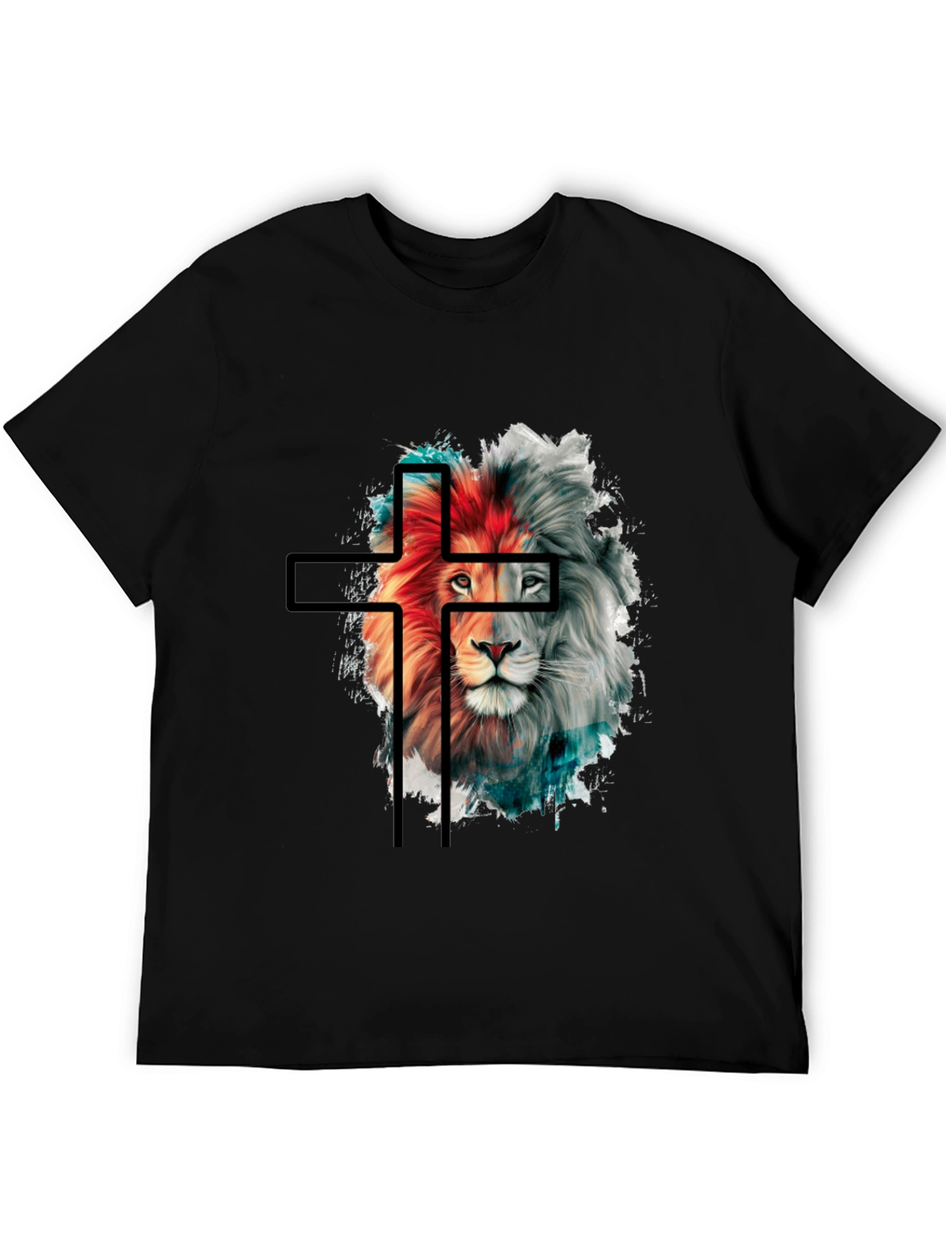 Lion and Cross Graphic Black T-Shirt