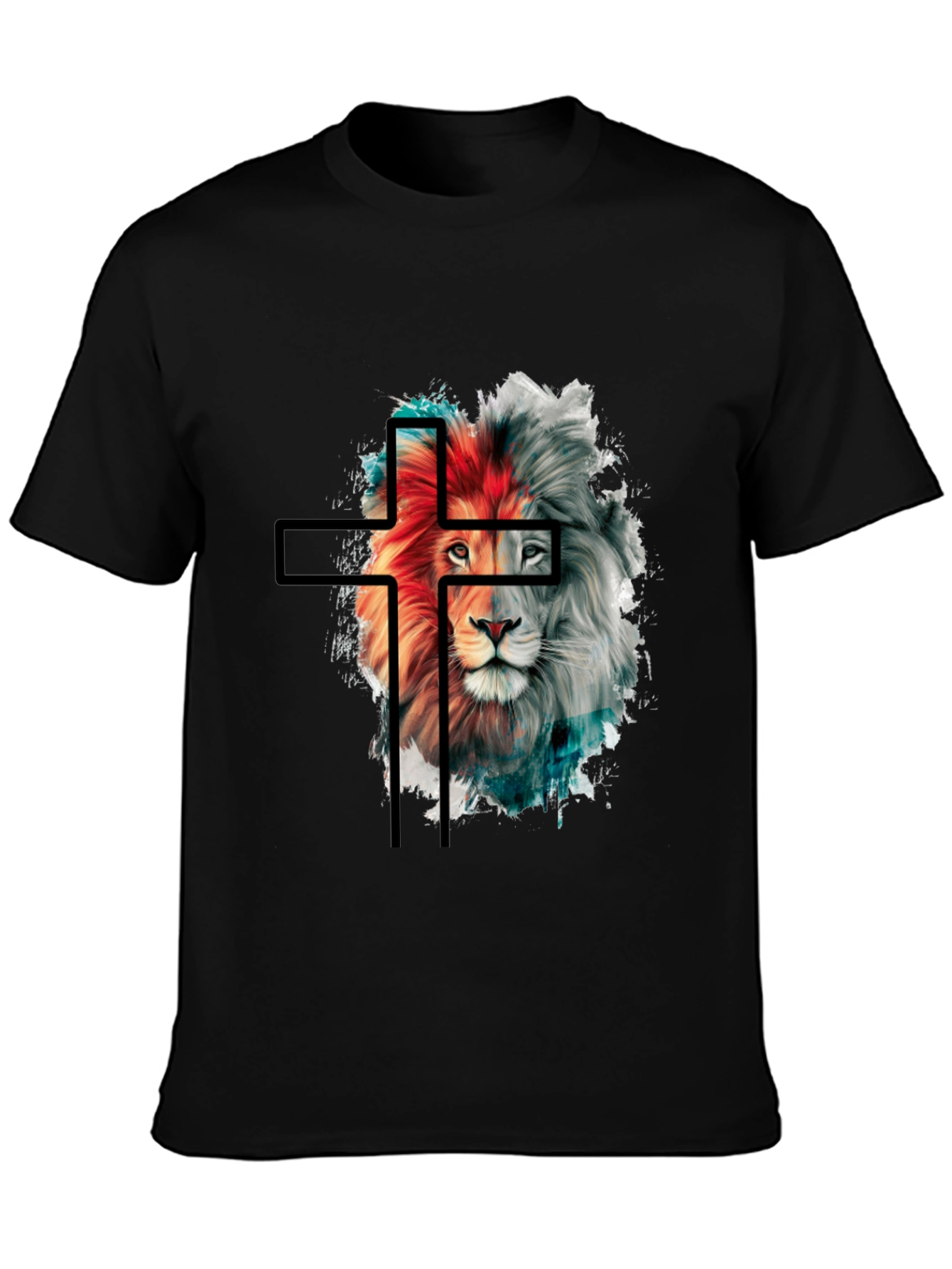 Lion and Cross Graphic Black T-Shirt