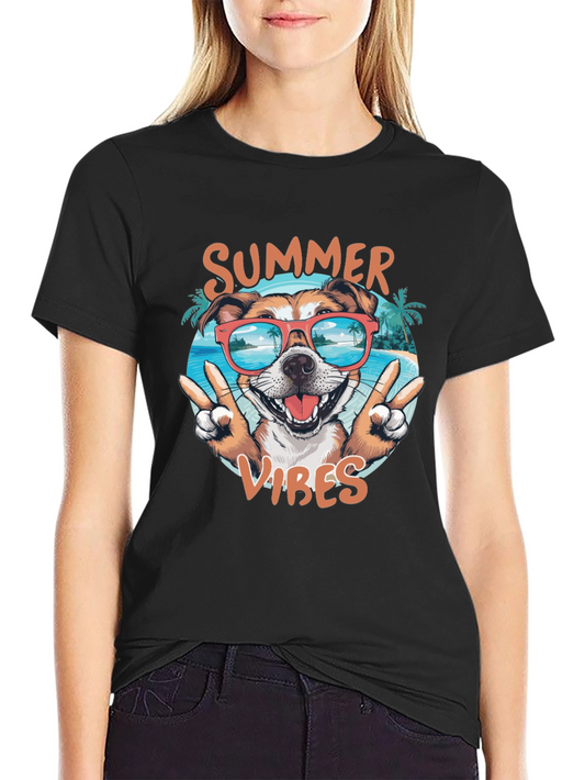 Summer Vibes Dog Graphic Tee - Casual Black T-Shirt