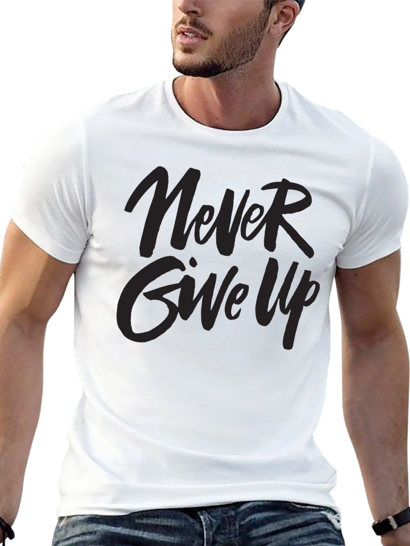 Never Give Up Graphic Print Black T-Shirt