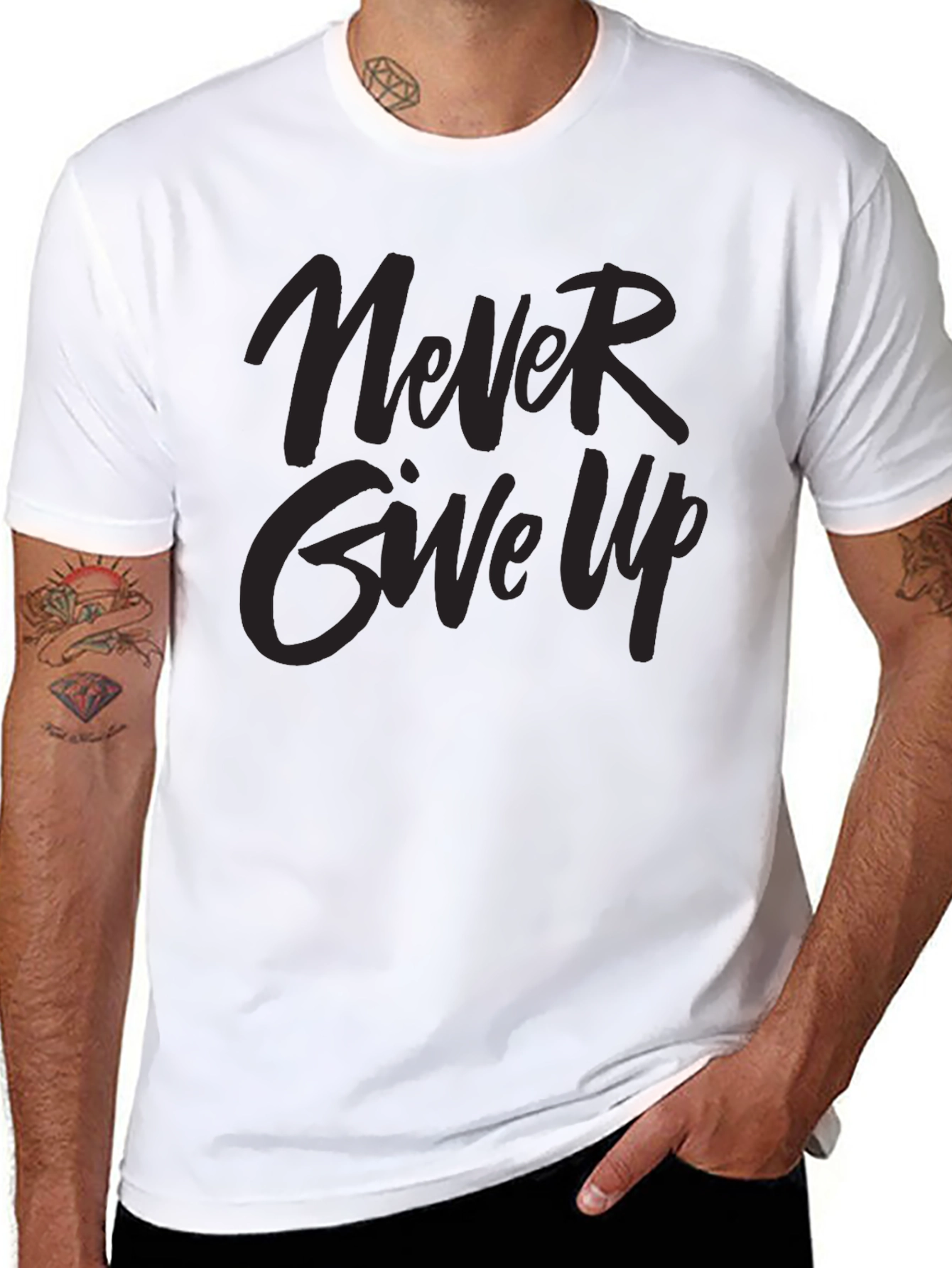 Never Give Up Graphic Print Black T-Shirt