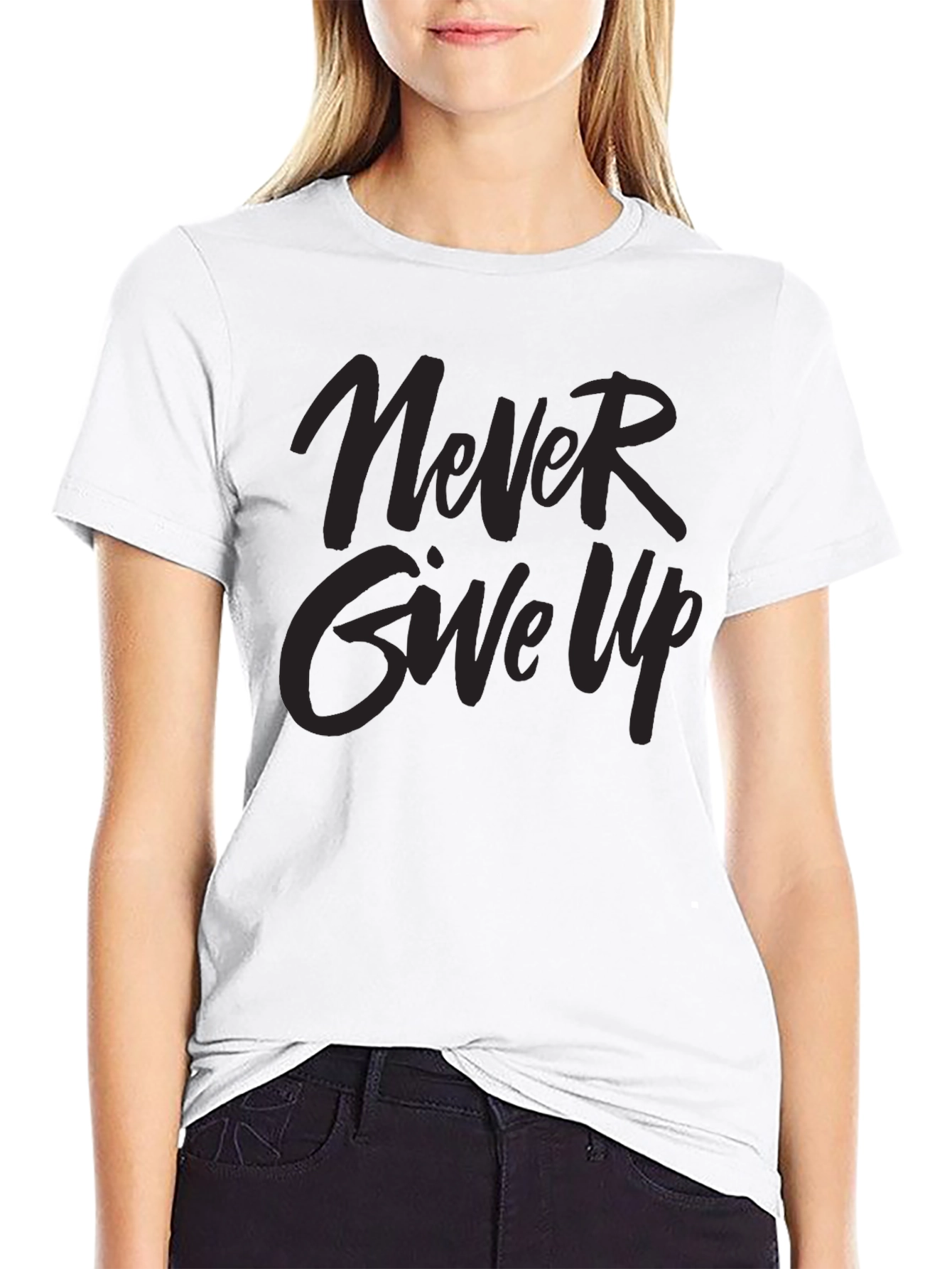 Never Give Up Graphic Print Black T-Shirt