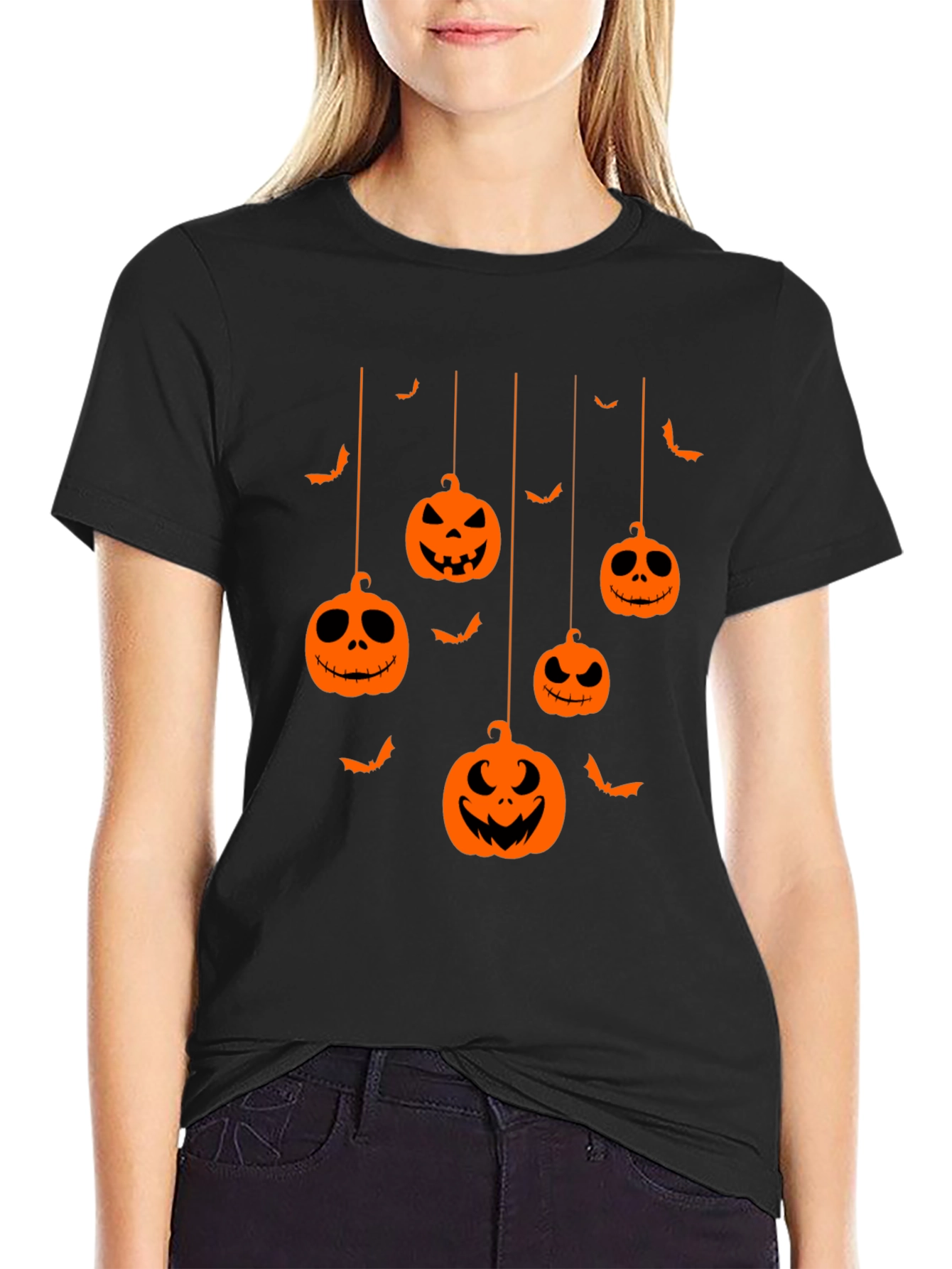 Halloween Pumpkin Bats Graphic Tee - Mens Black T-Shirt