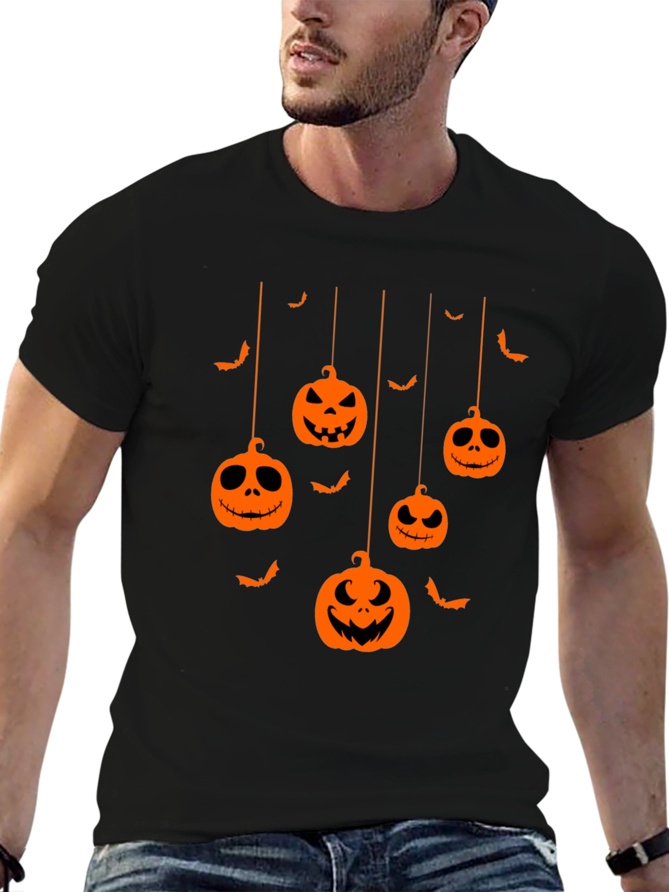 Halloween Pumpkin Bats Graphic Tee - Mens Black T-Shirt