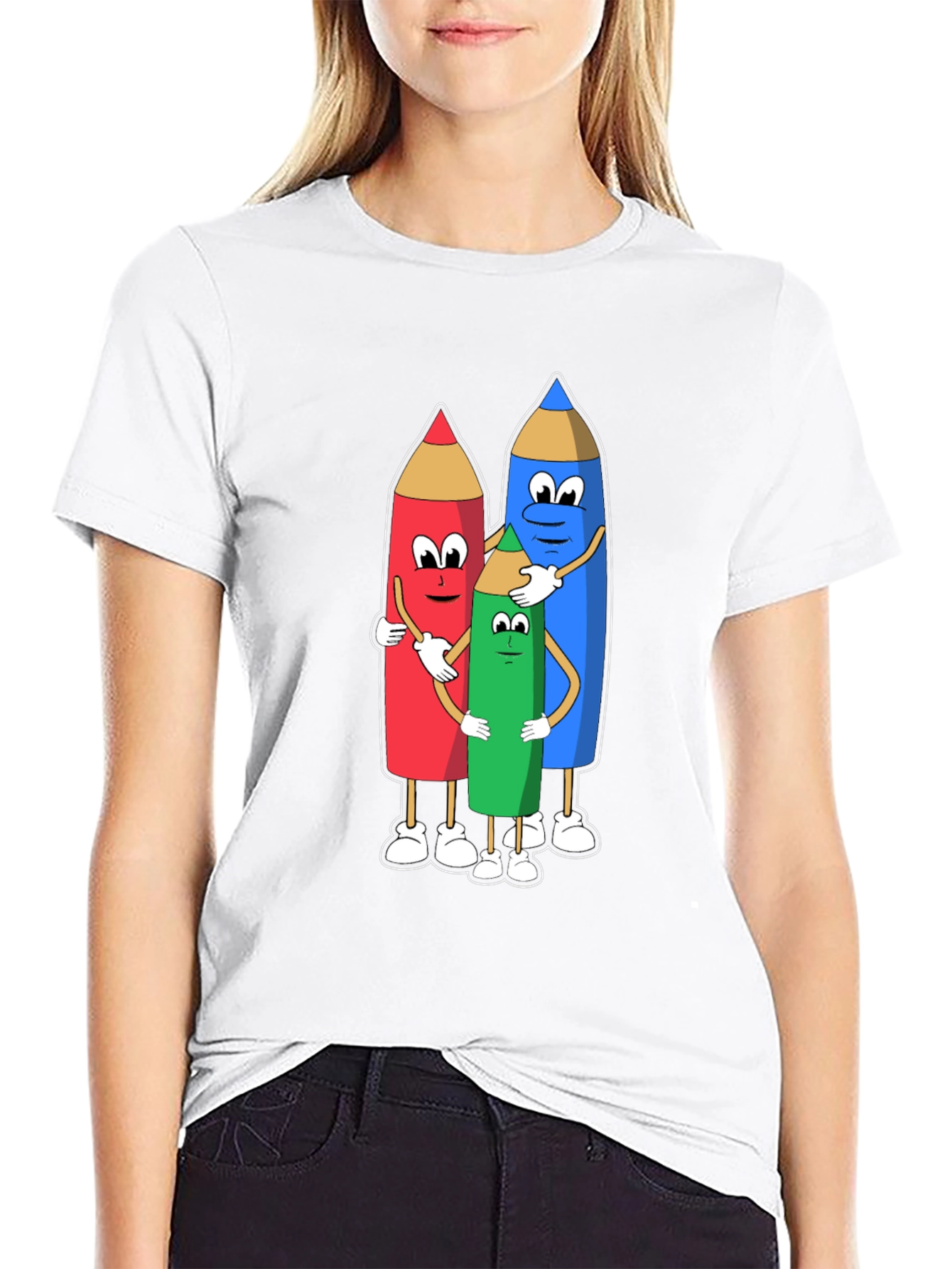 Cartoon Crayon Hug Black T-Shirt