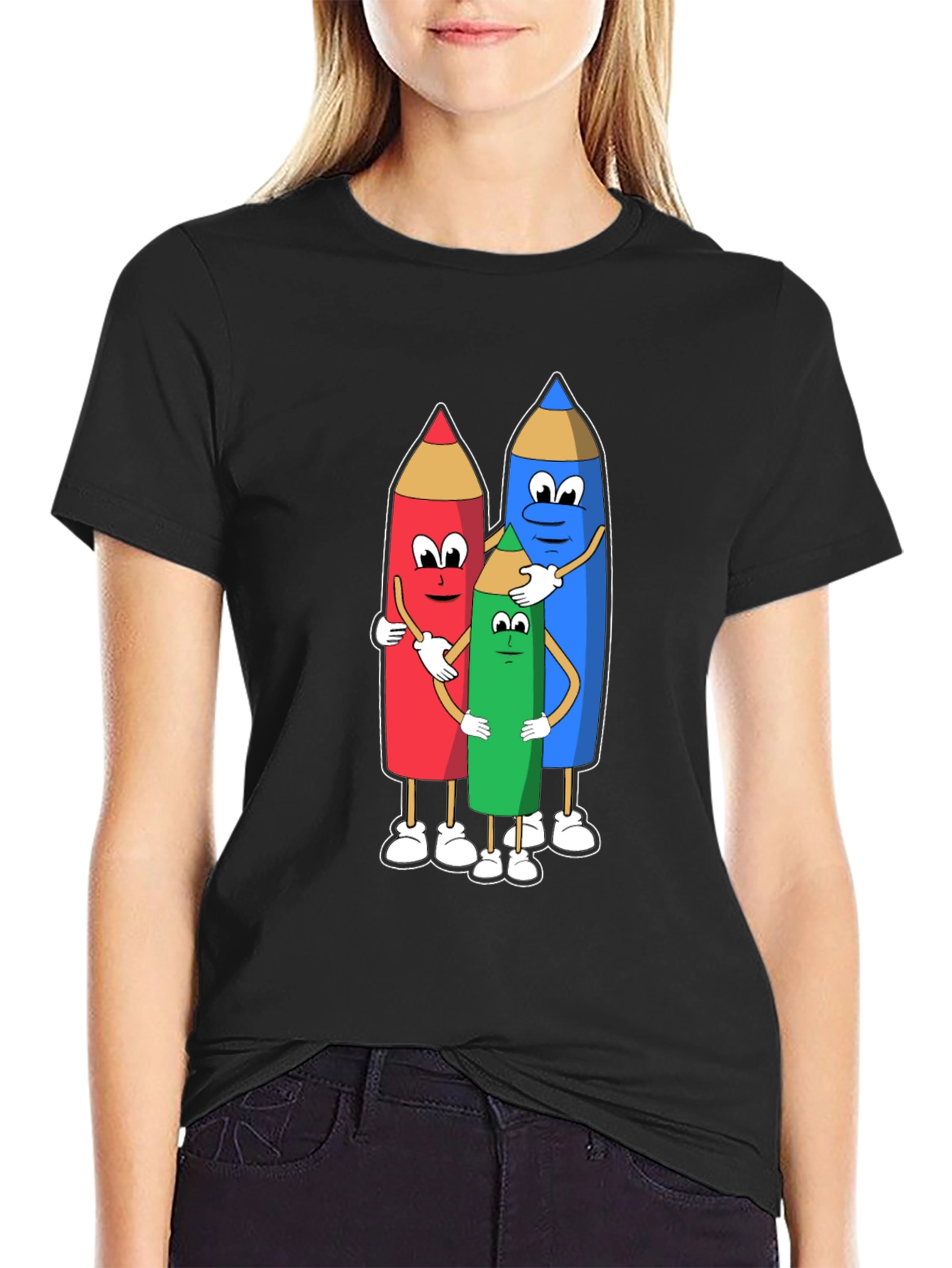 Cartoon Crayon Hug Black T-Shirt
