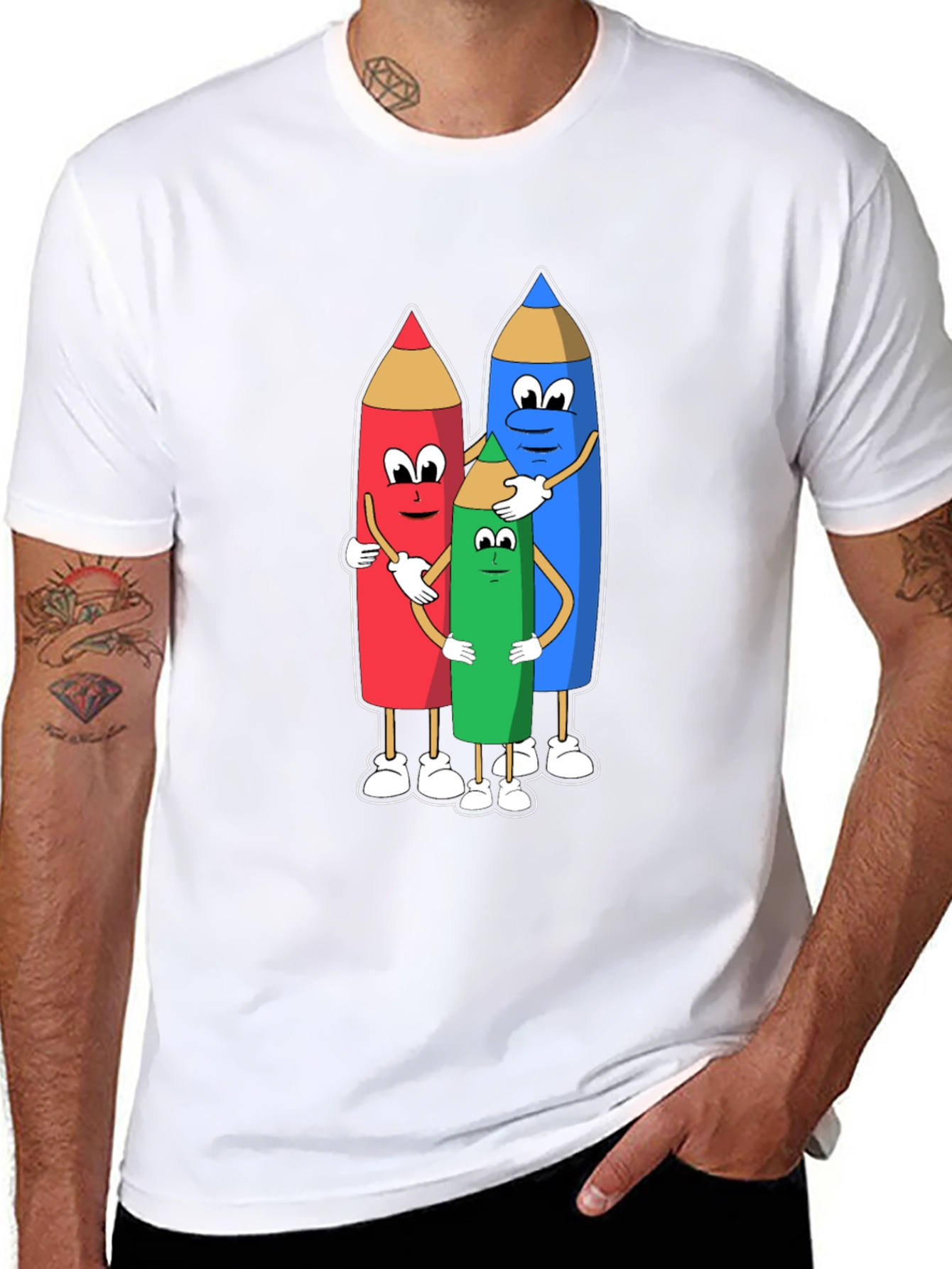 Cartoon Crayon Hug Black T-Shirt