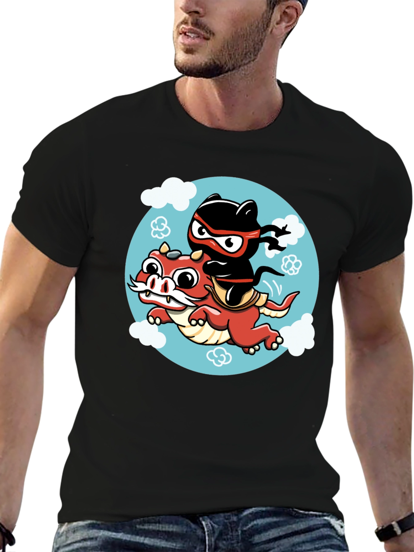 Ninja Cat Riding Dragon Graphic Tee
