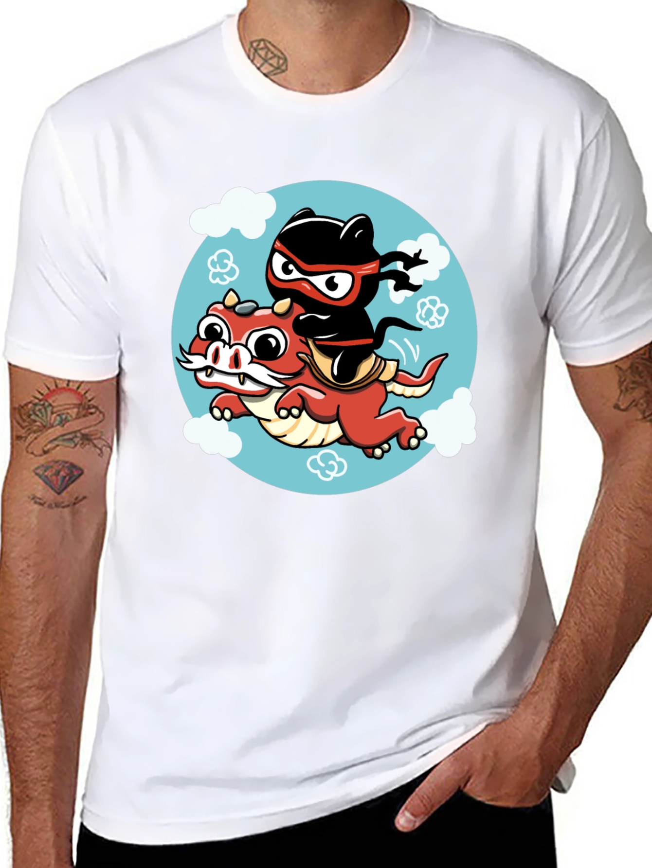 Ninja Cat Riding Dragon Graphic Tee