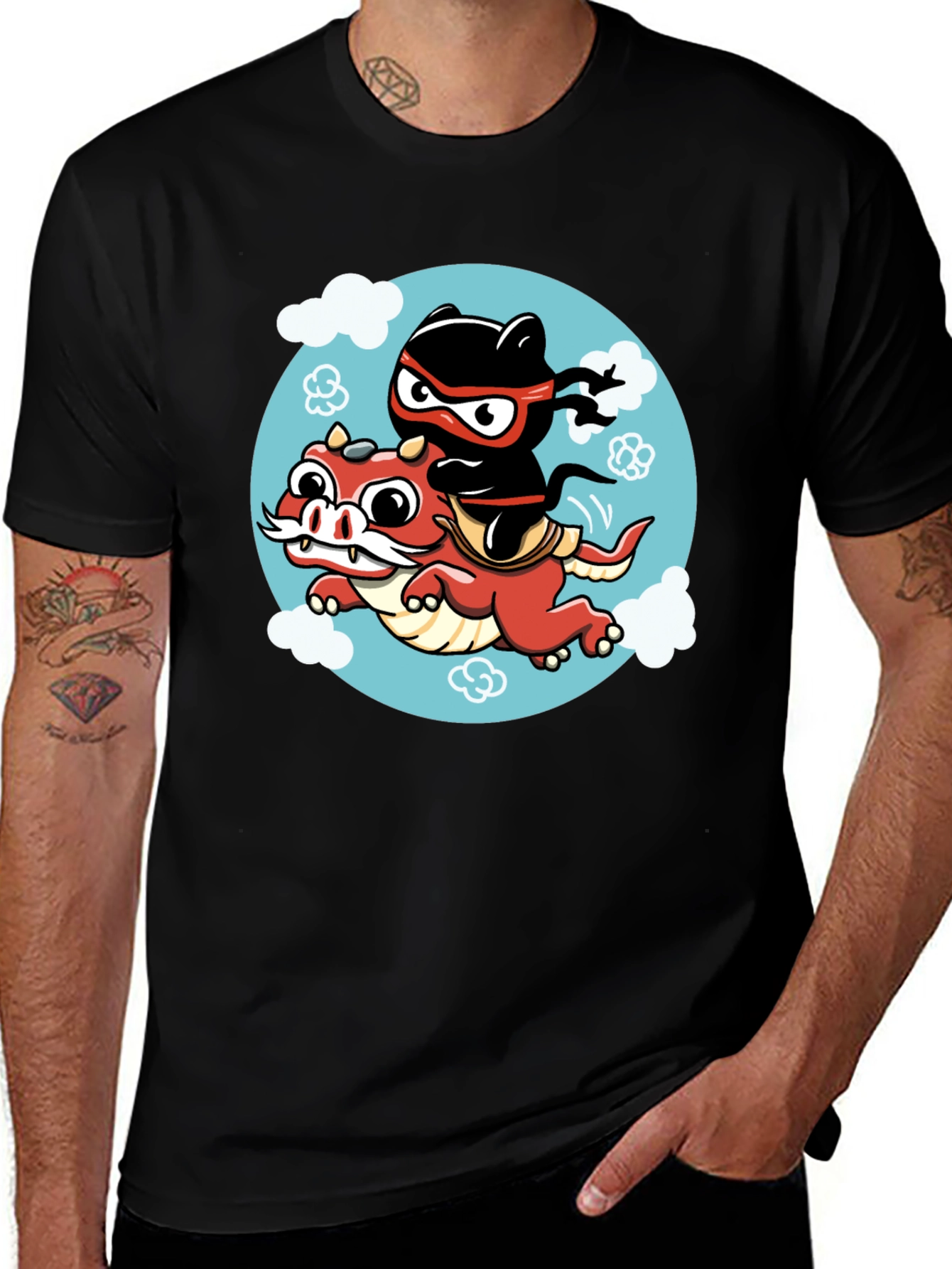 Ninja Cat Riding Dragon Graphic Tee