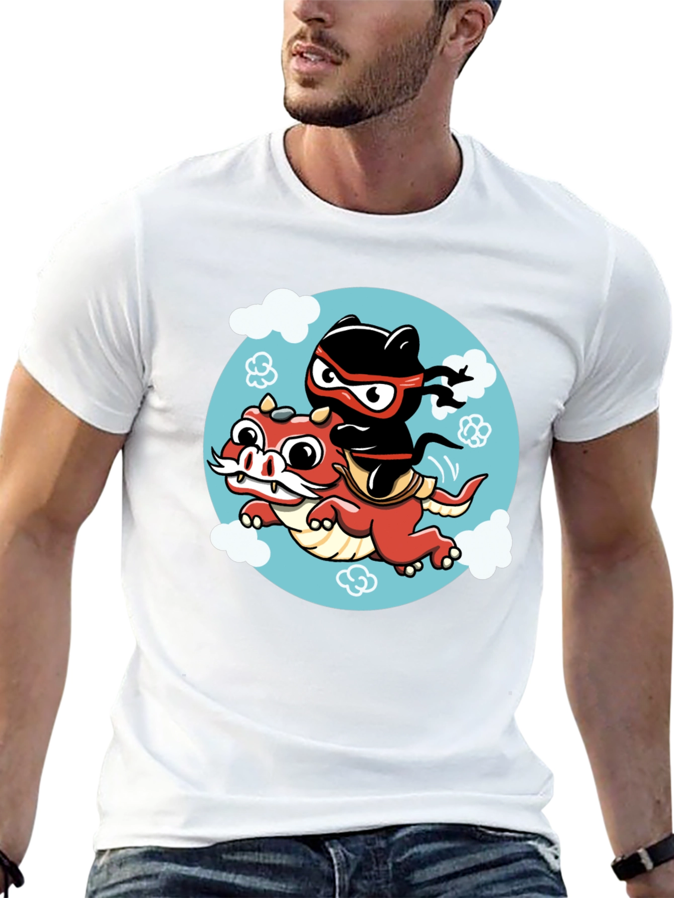 Ninja Cat Riding Dragon Graphic Tee