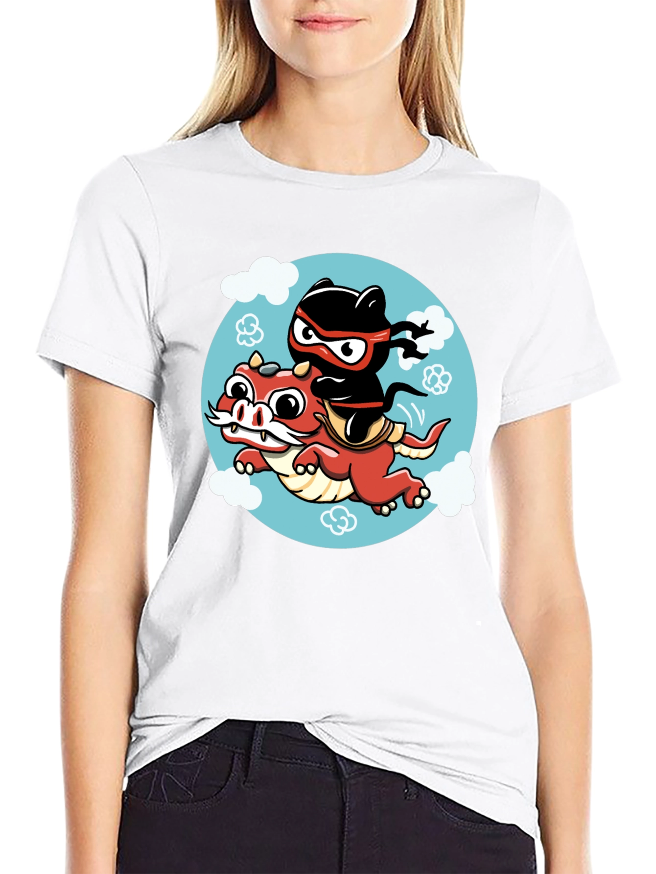 Ninja Cat Riding Dragon Graphic Tee