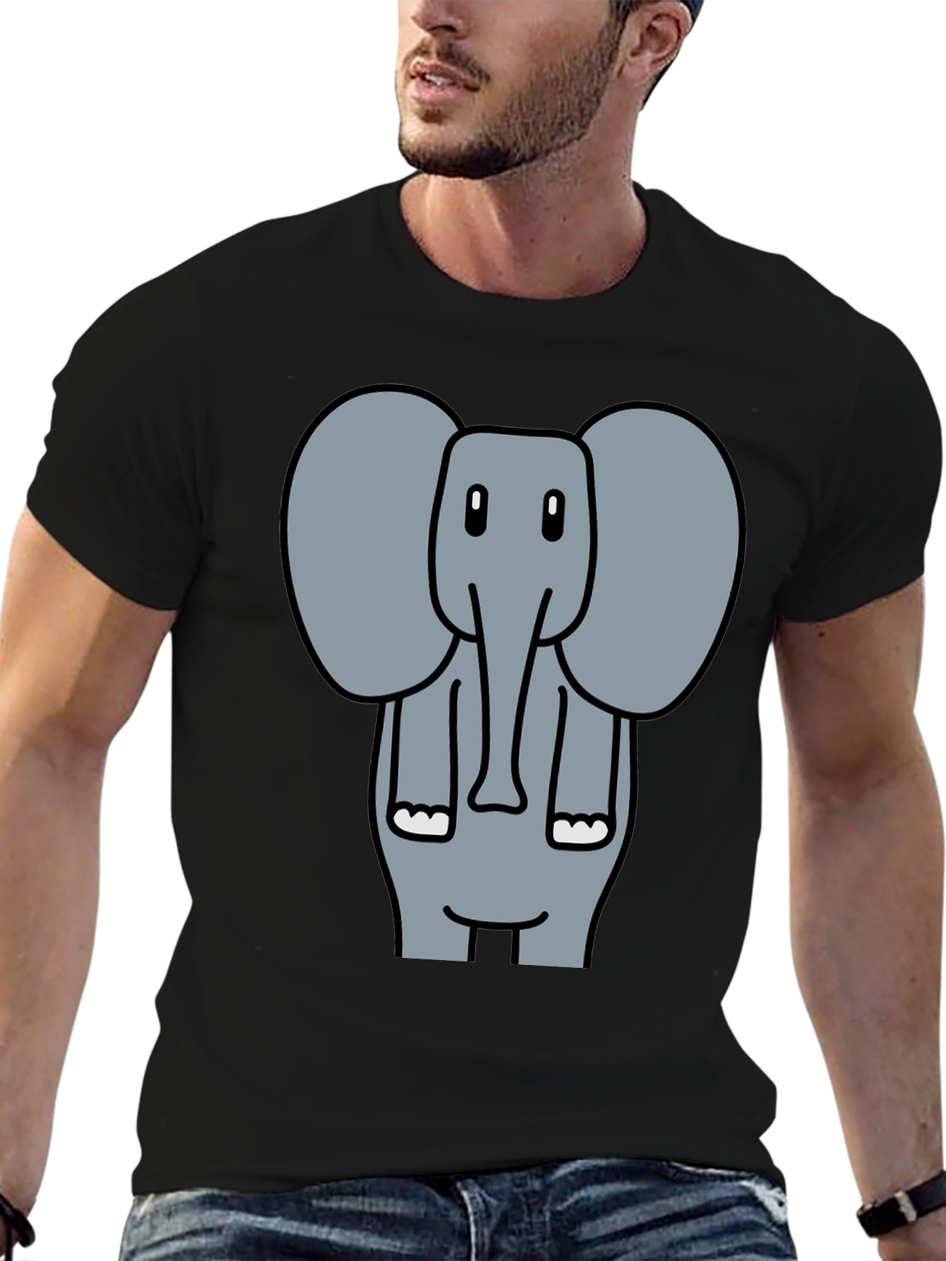 Elephant Cartoon Graphic Print Black T-Shirt