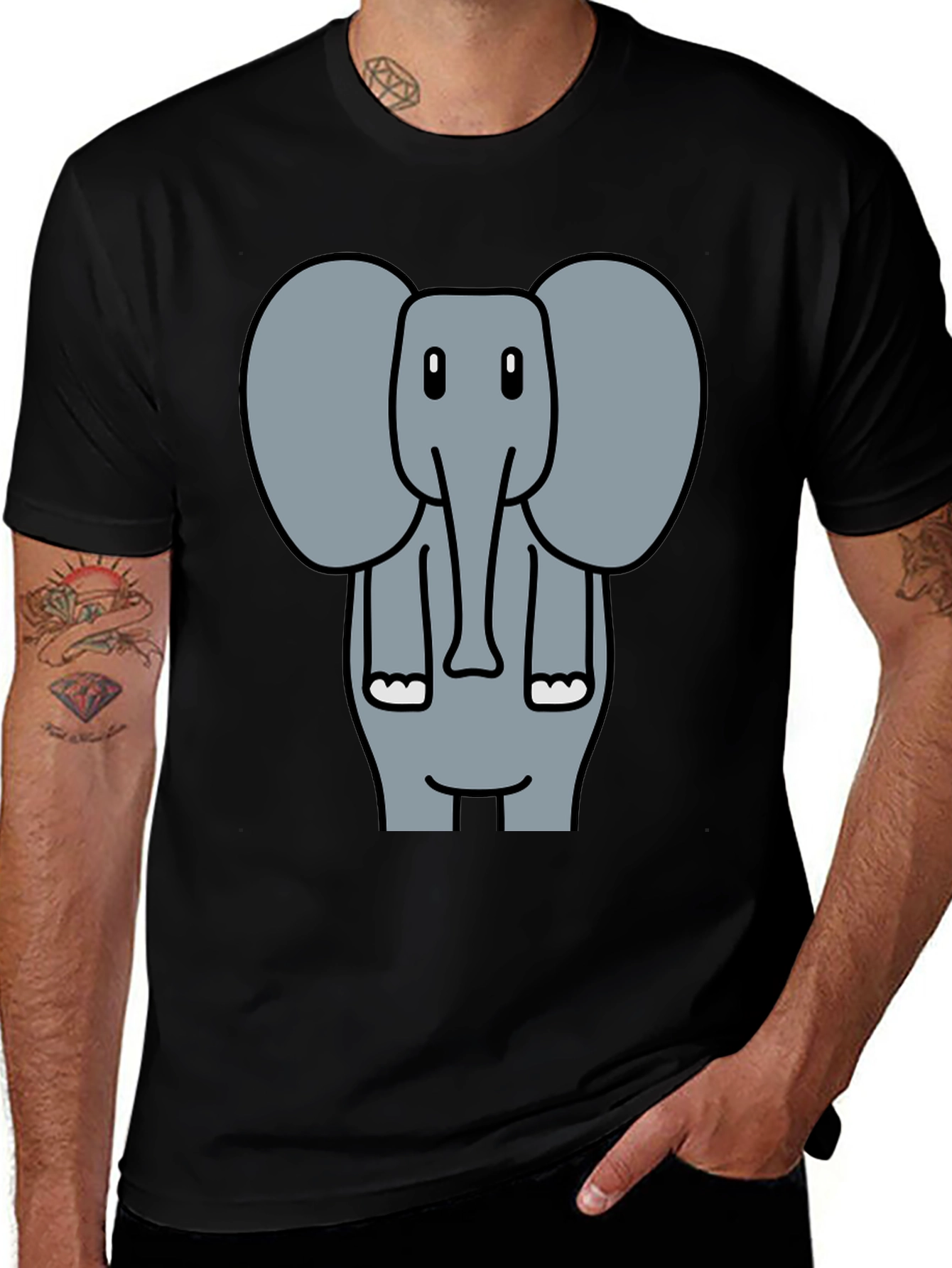 Elephant Cartoon Graphic Print Black T-Shirt