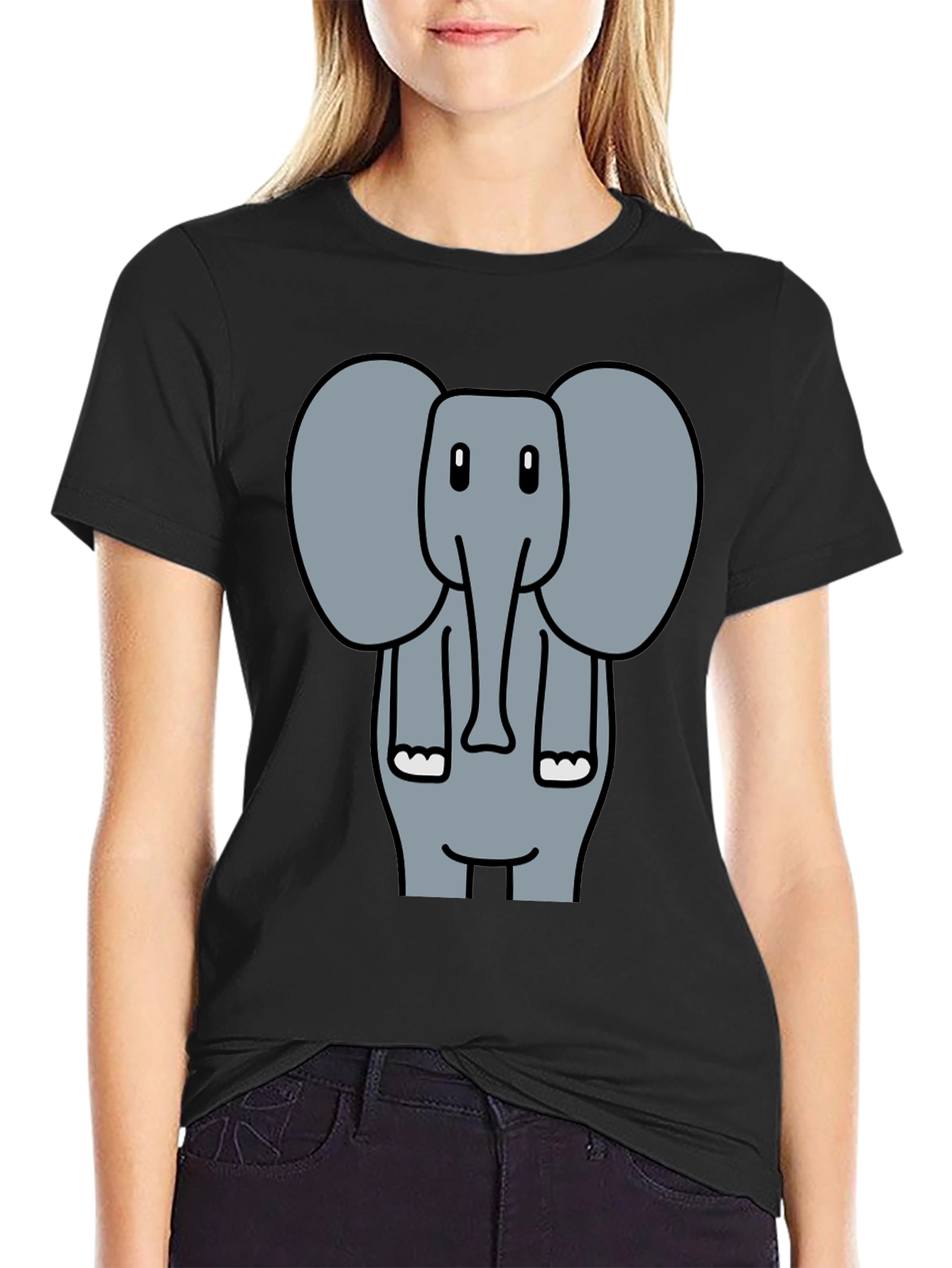 Elephant Cartoon Graphic Print Black T-Shirt