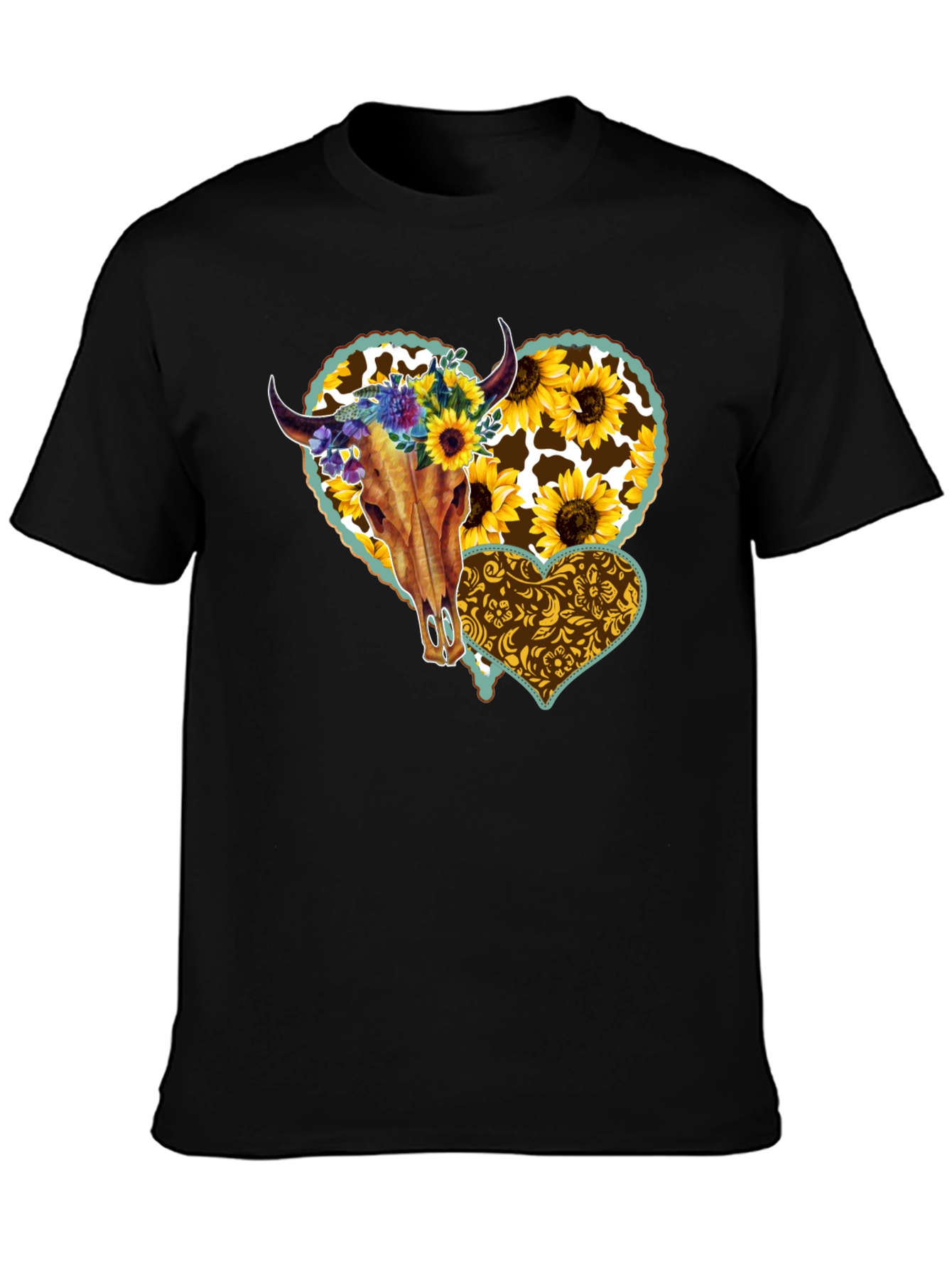 Cow Skull Sunflower Heart Graphic Tee
