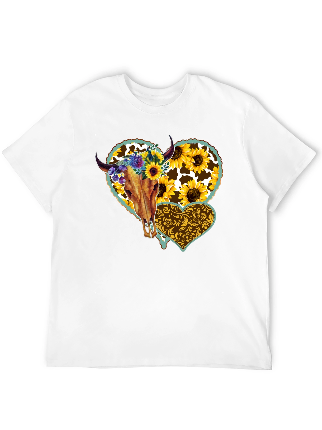 Cow Skull Sunflower Heart Graphic Tee