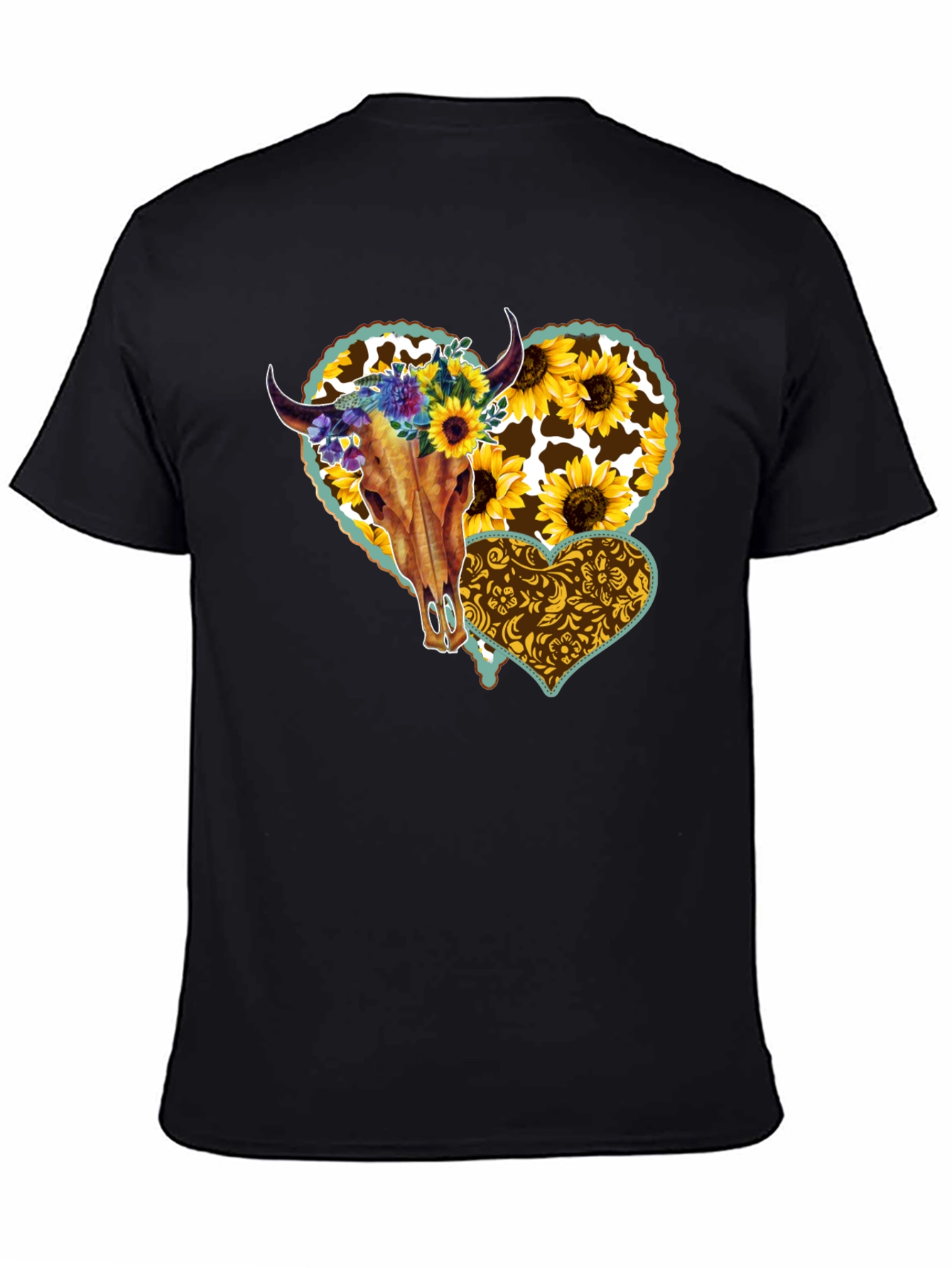 Cow Skull Sunflower Heart Graphic Tee