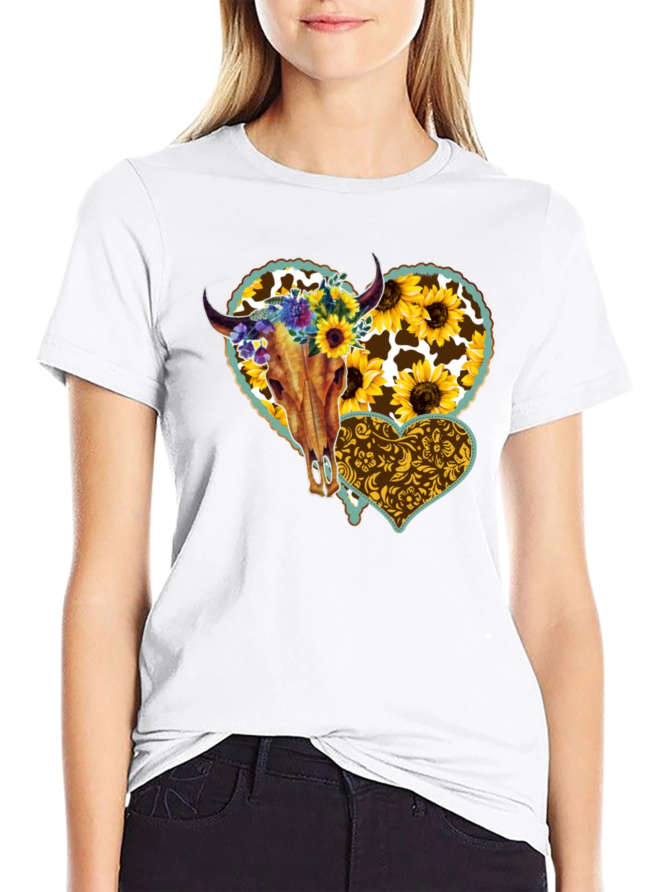 Cow Skull Sunflower Heart Graphic Tee