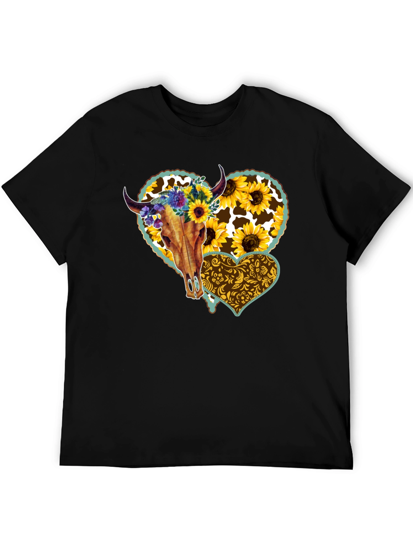 Cow Skull Sunflower Heart Graphic Tee