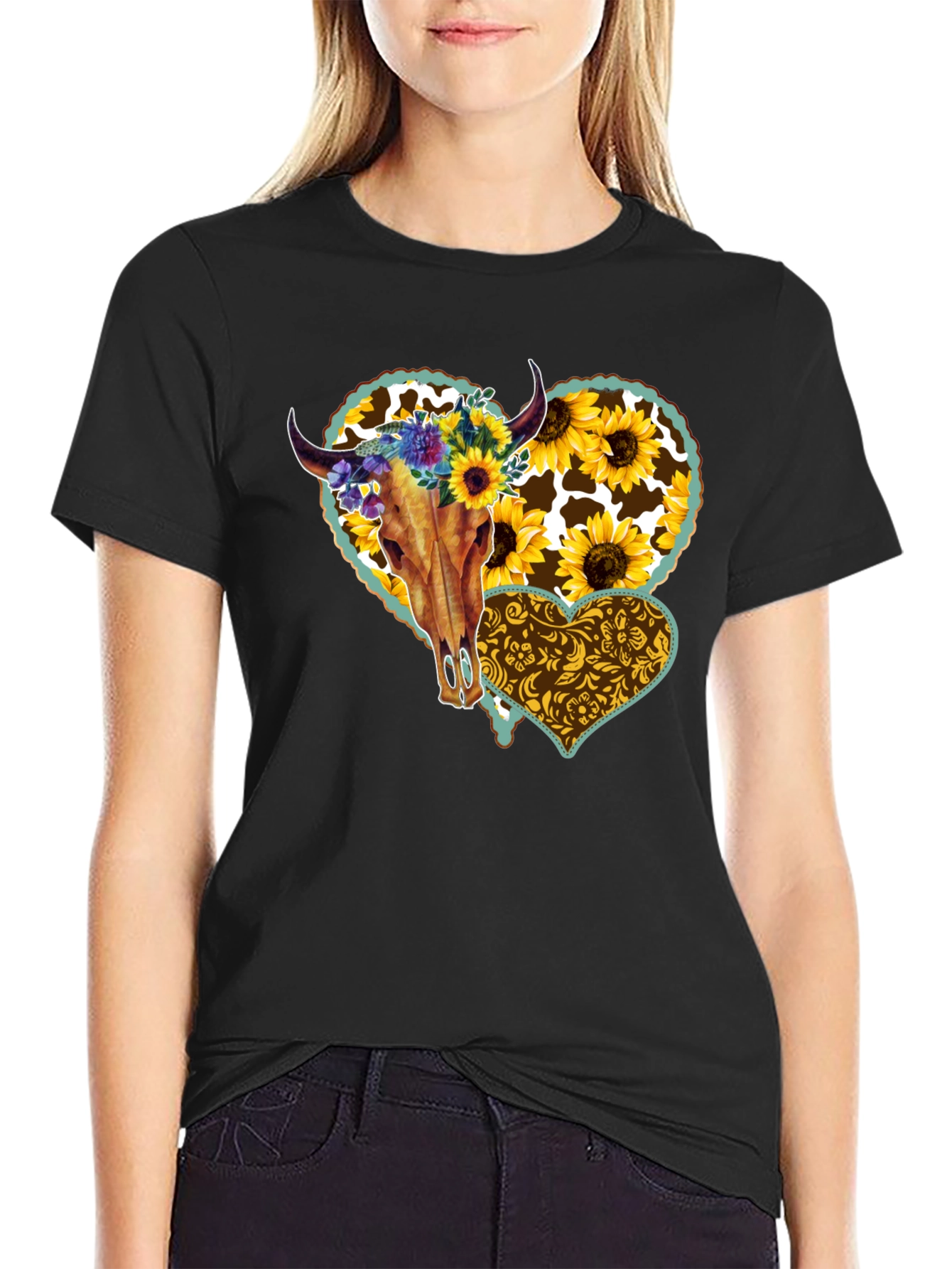 Cow Skull Sunflower Heart Graphic Tee