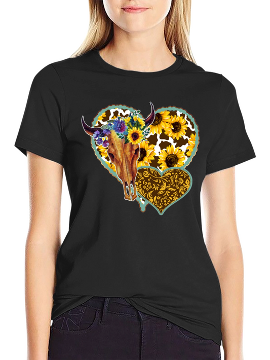 Cow Skull Sunflower Heart Graphic Tee