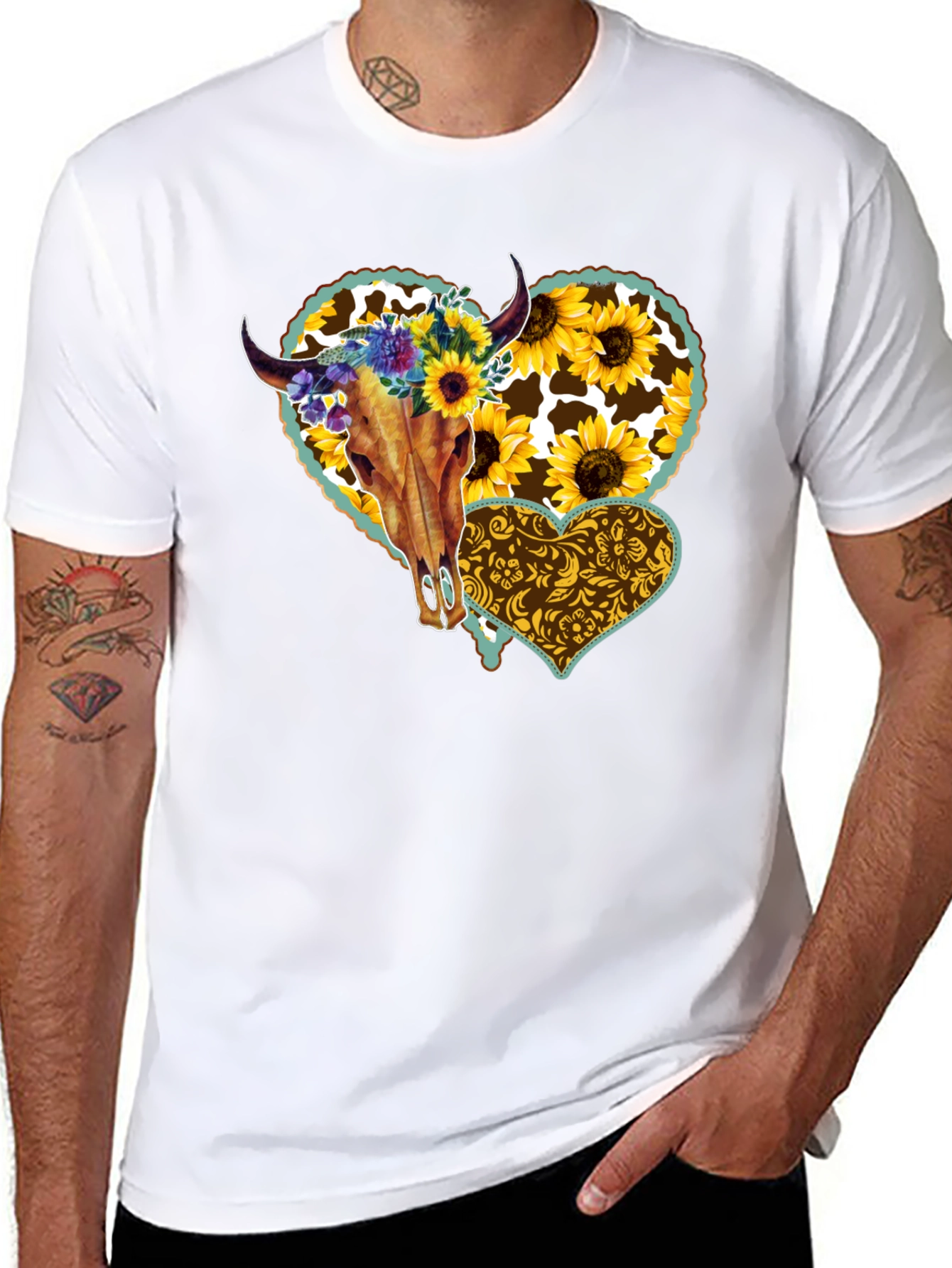 Cow Skull Sunflower Heart Graphic Tee