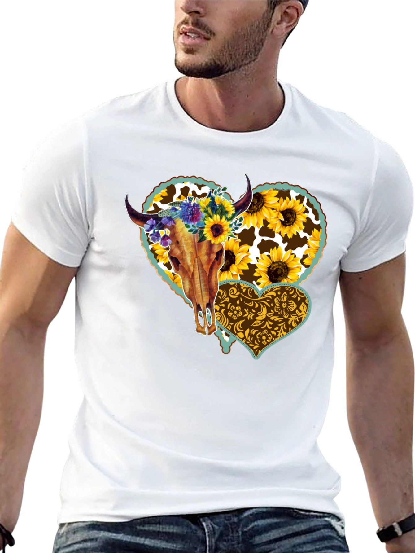 Cow Skull Sunflower Heart Graphic Tee
