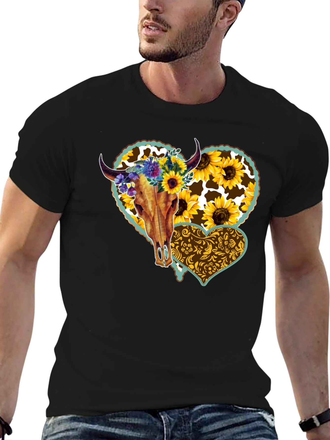 Cow Skull Sunflower Heart Graphic Tee