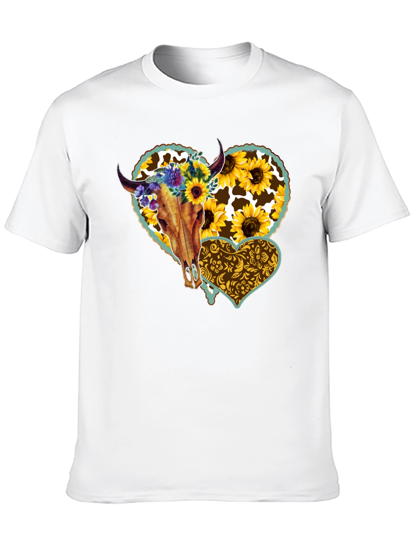 Cow Skull Sunflower Heart Graphic Tee