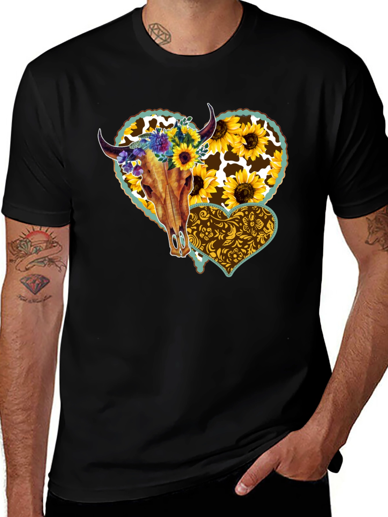 Cow Skull Sunflower Heart Graphic Tee
