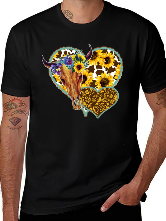 Cow Skull Sunflower Heart Graphic Tee