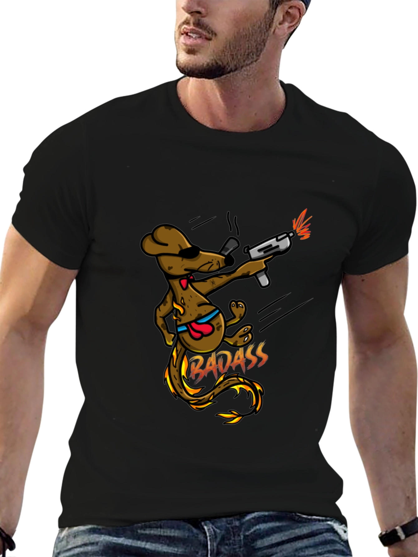 Badass Dog with Gun Black T-Shirt