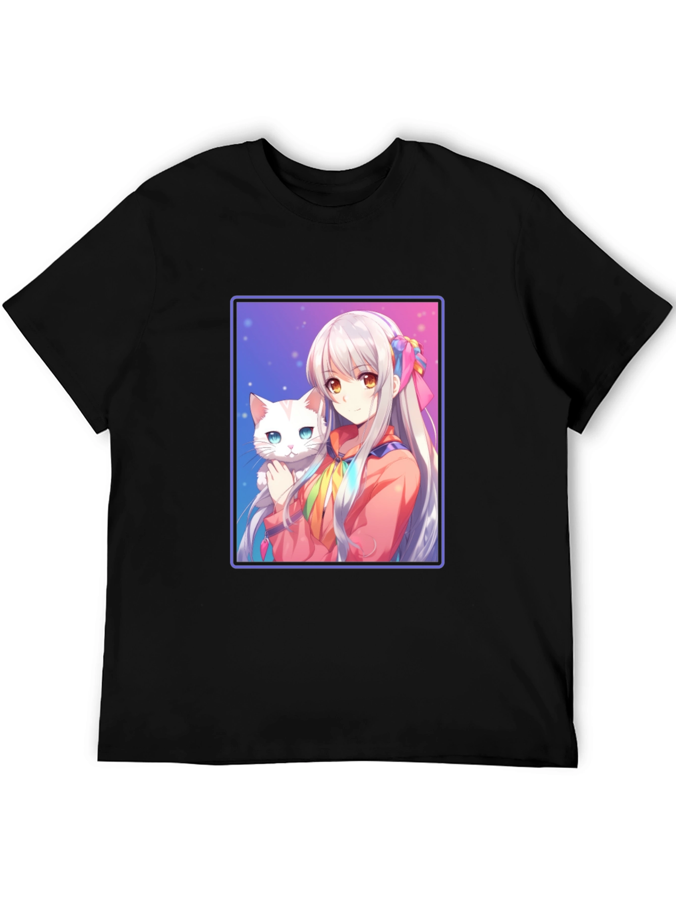 Anime Girl with Cat Graphic T-Shirt