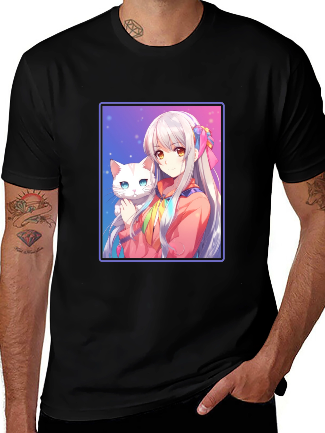 Anime Girl with Cat Graphic T-Shirt