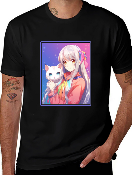 Anime Girl with Cat Graphic T-Shirt