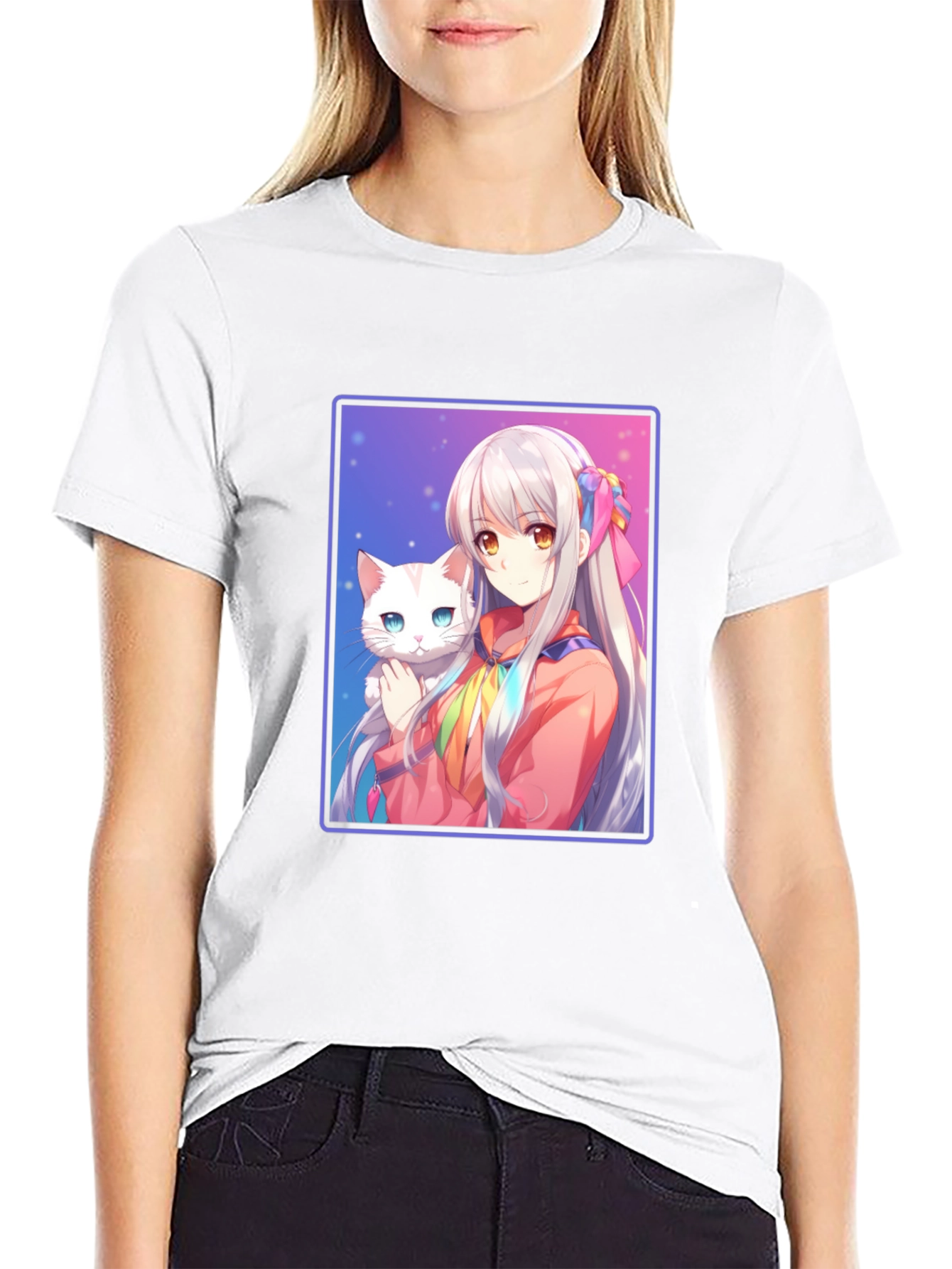 Anime Girl with Cat Graphic T-Shirt