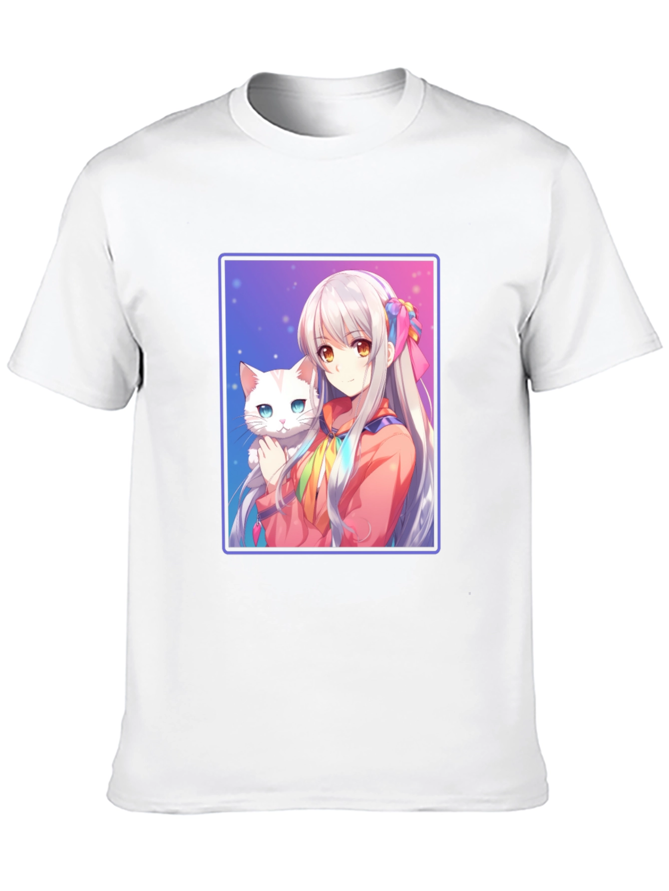 Anime Girl with Cat Graphic T-Shirt