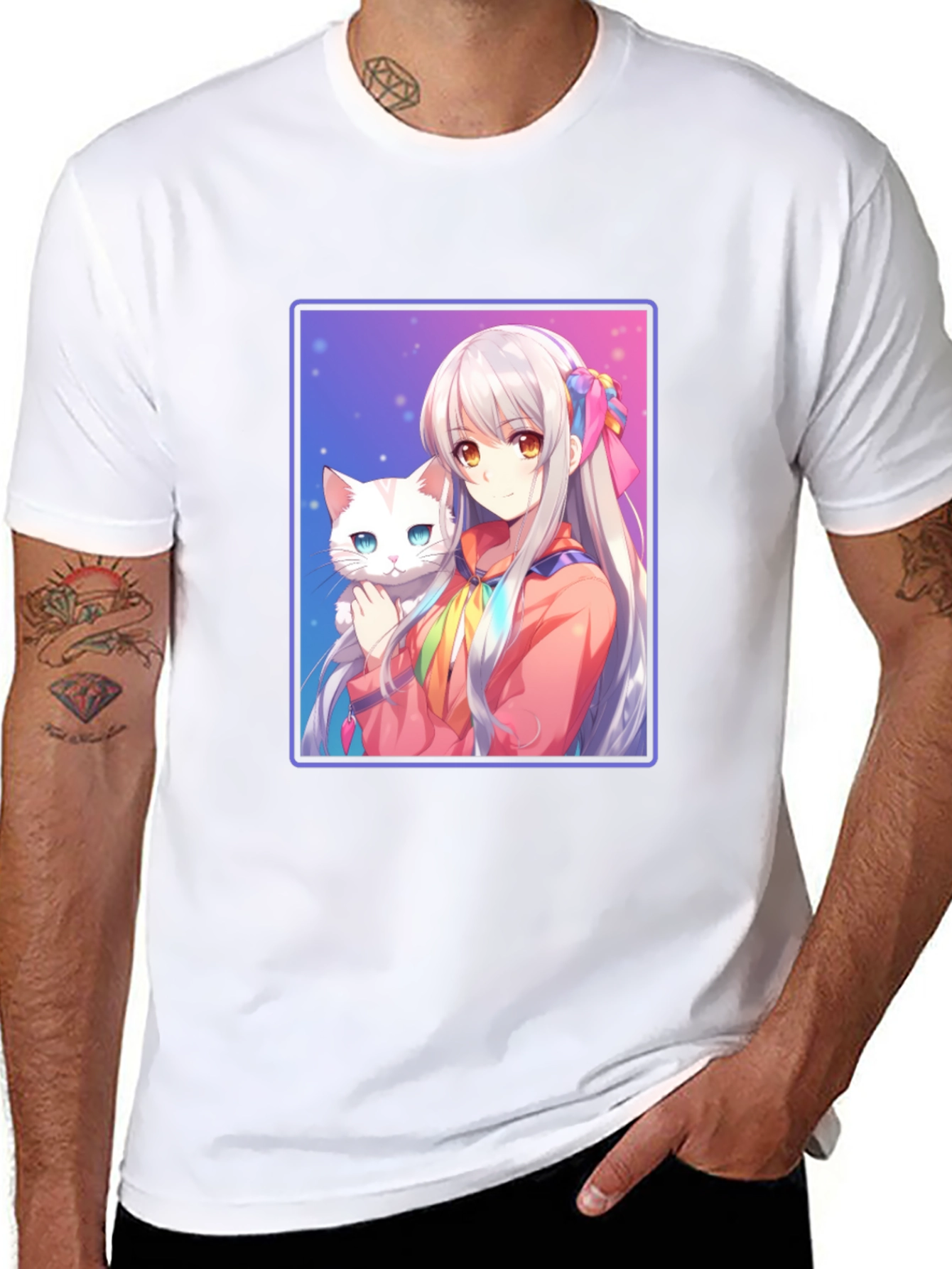 Anime Girl with Cat Graphic T-Shirt