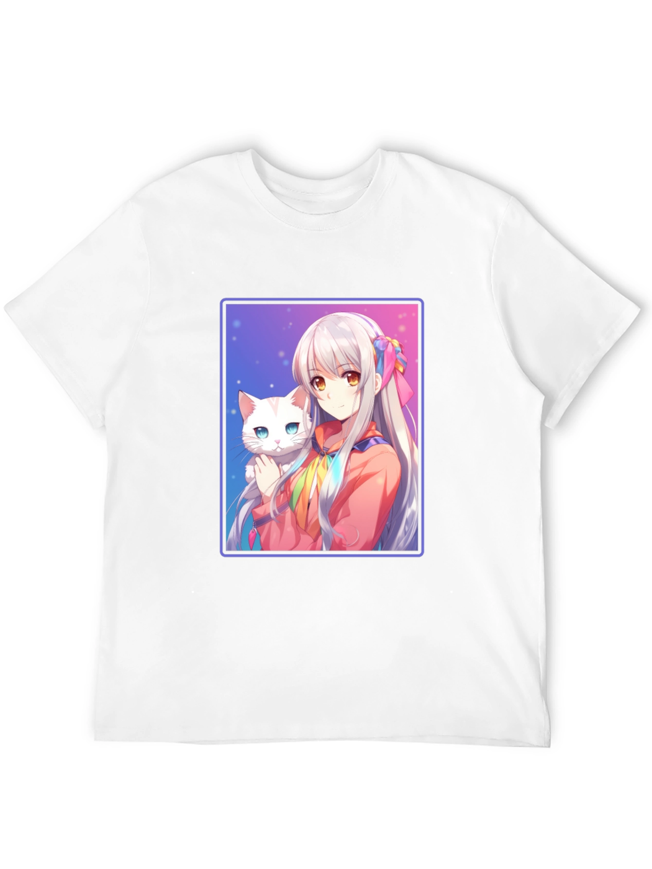 Anime Girl with Cat Graphic T-Shirt