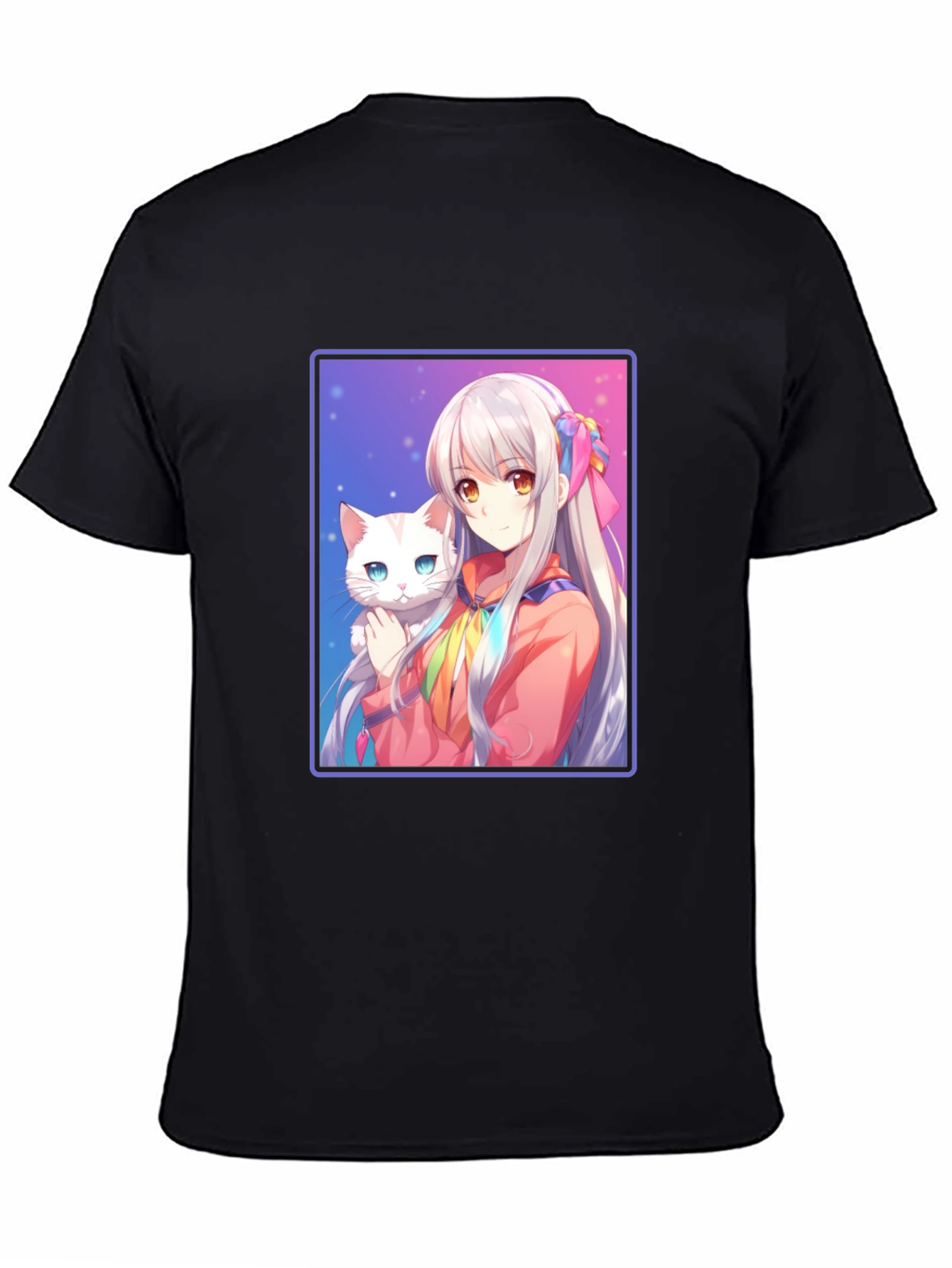 Anime Girl with Cat Graphic T-Shirt