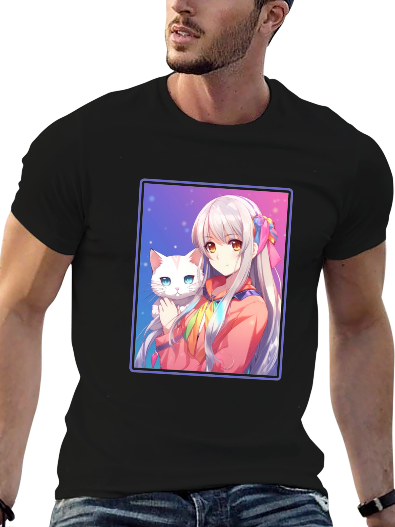 Anime Girl with Cat Graphic T-Shirt