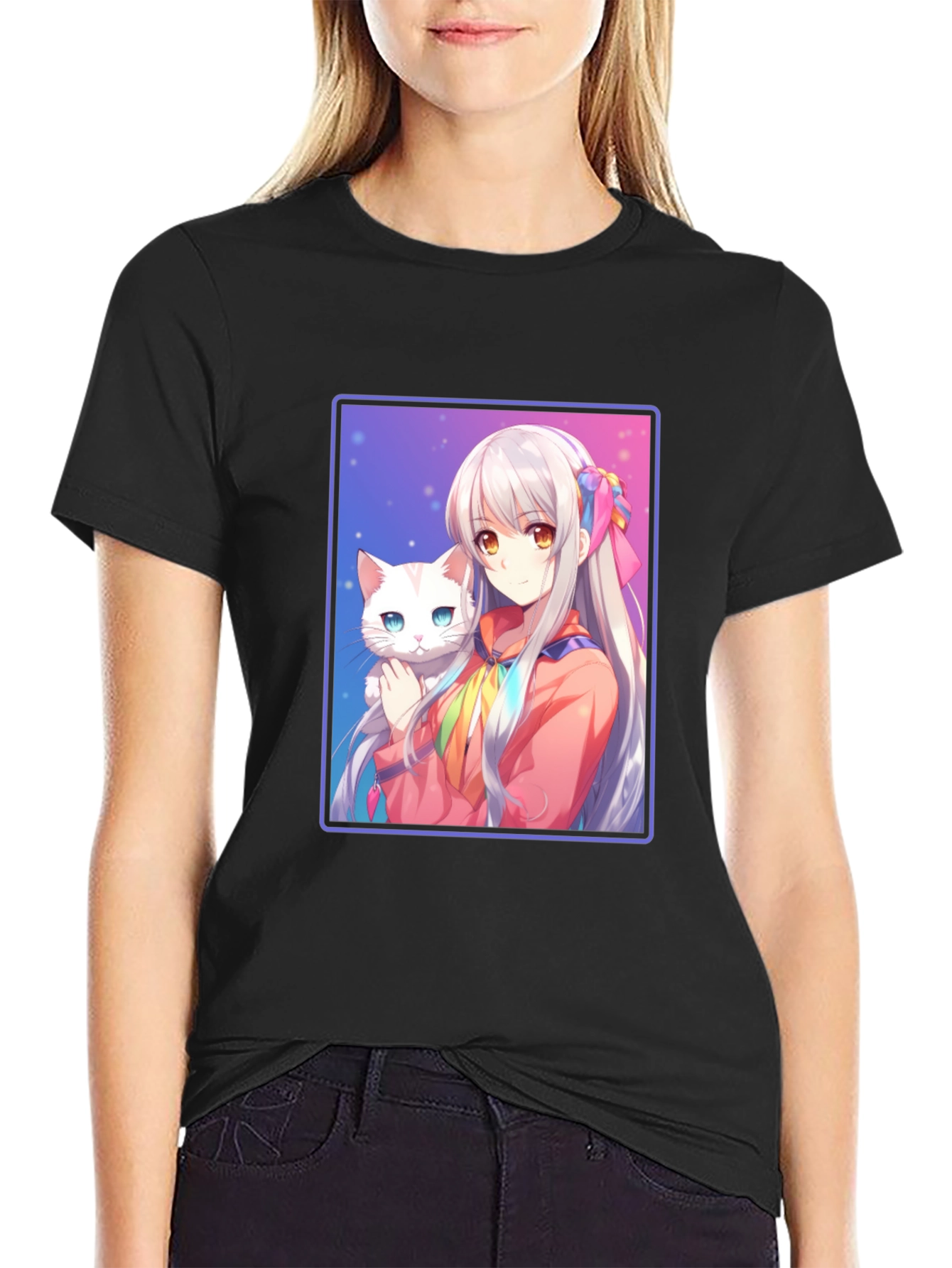 Anime Girl with Cat Graphic T-Shirt