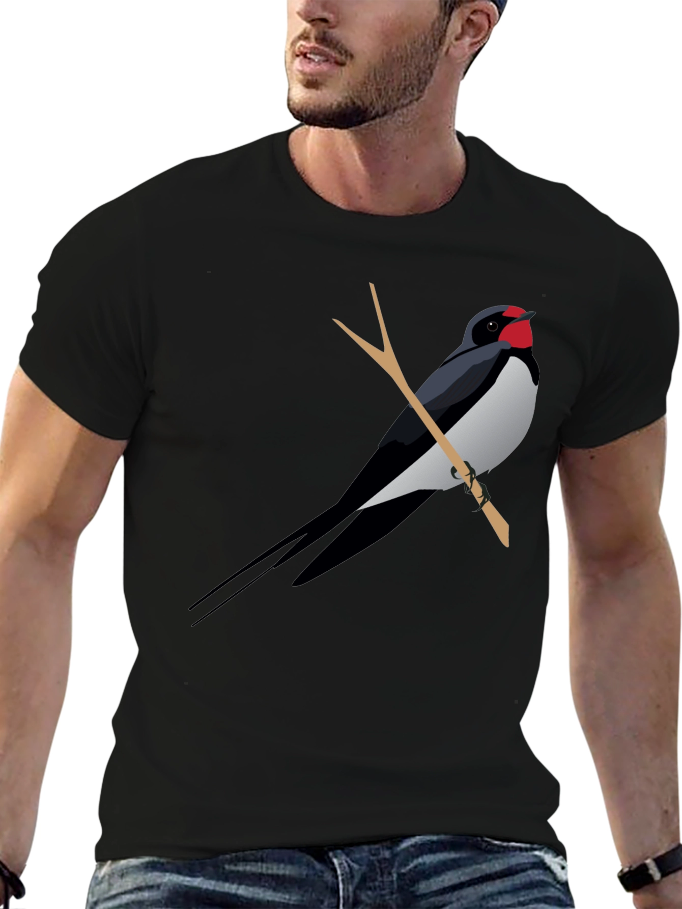 Black T-Shirt with Swallow Bird Graphic