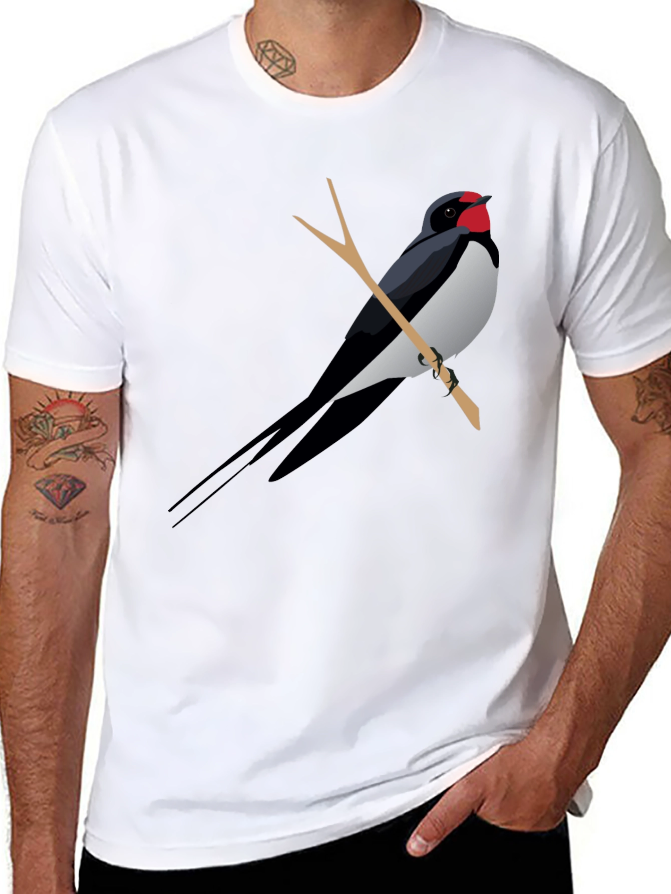 Black T-Shirt with Swallow Bird Graphic